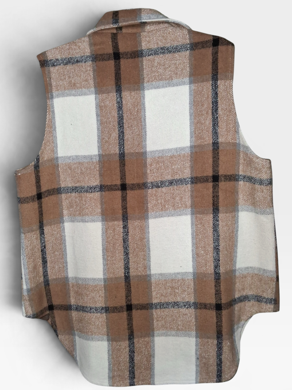 Brown & Cream Plaid Button-Front Shacket Vest