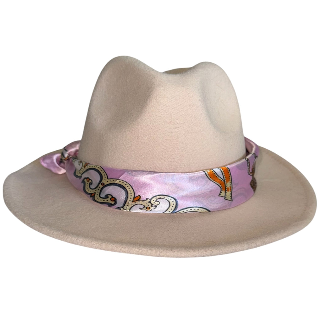 Cream Wide Brim Fedora Hat with Pink Paisley Scarf Band | Boho Western Style
