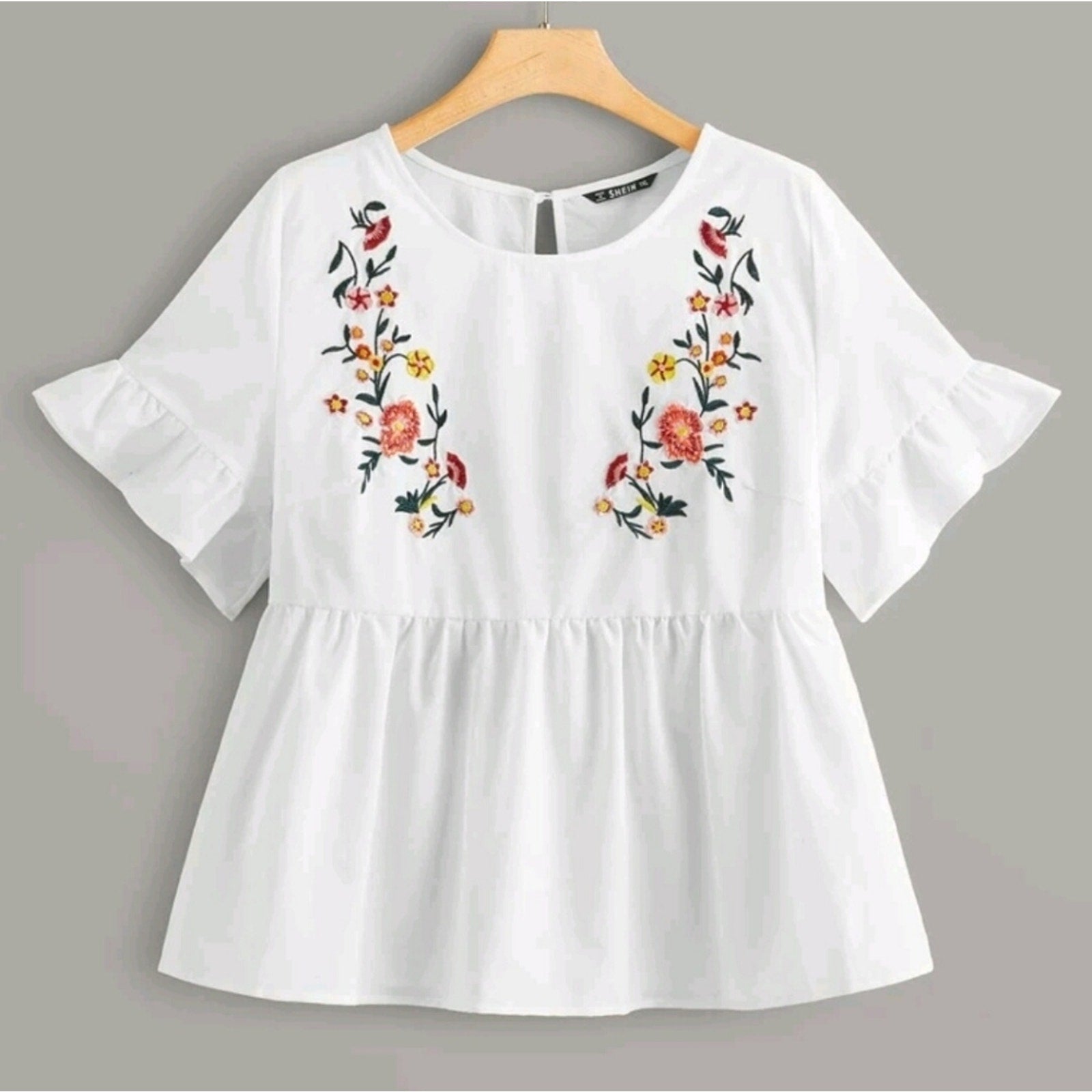 Shein Keyhole Back Embroidery Front Smock Top