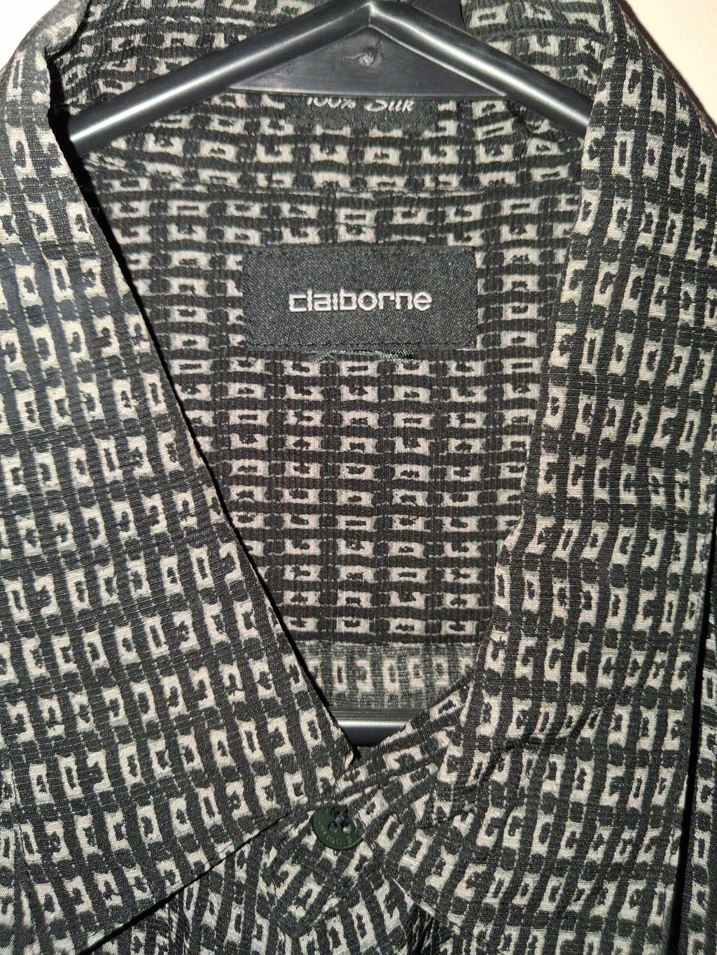 Claiborne Black & Cream Geometric 100% Silk Shirt