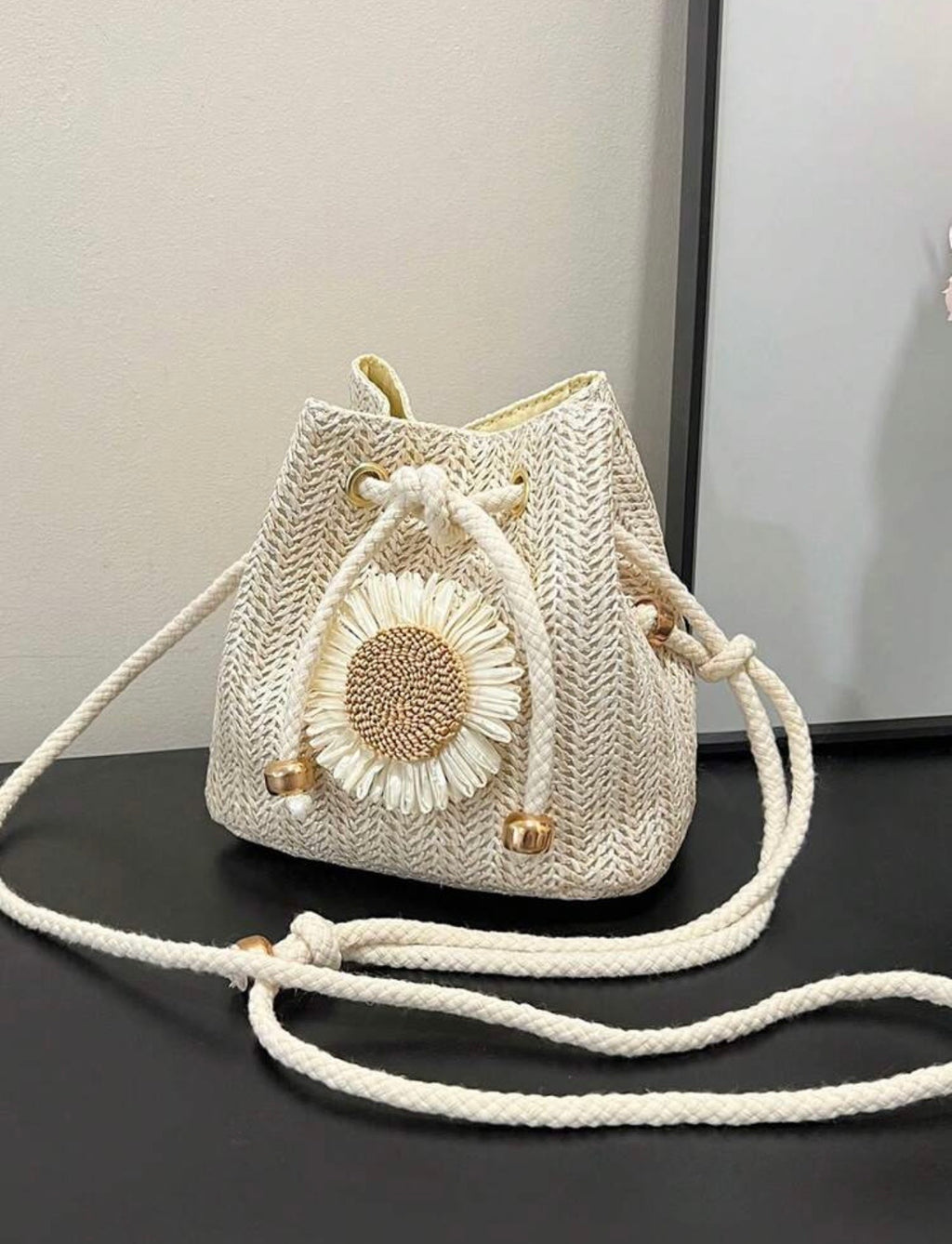 Cream Daisy Woven Bucket Crossbody Bag