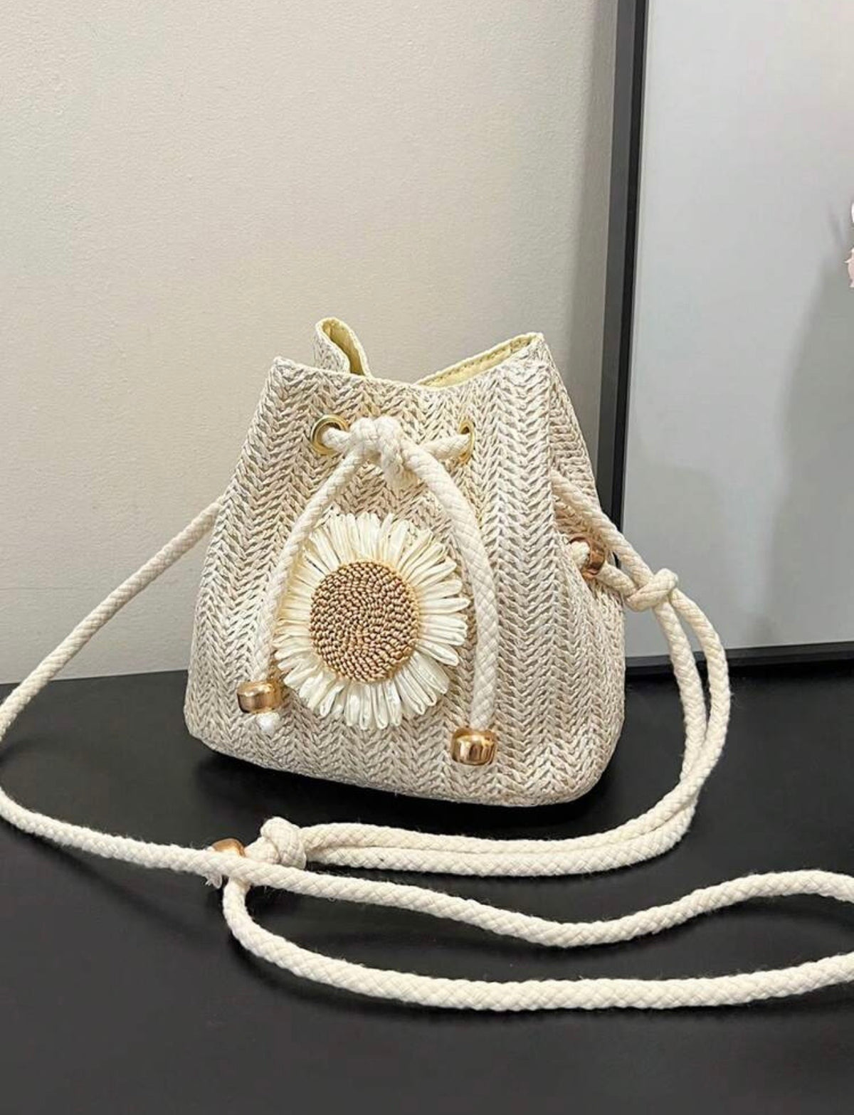 Cream Daisy Woven Bucket Crossbody Bag