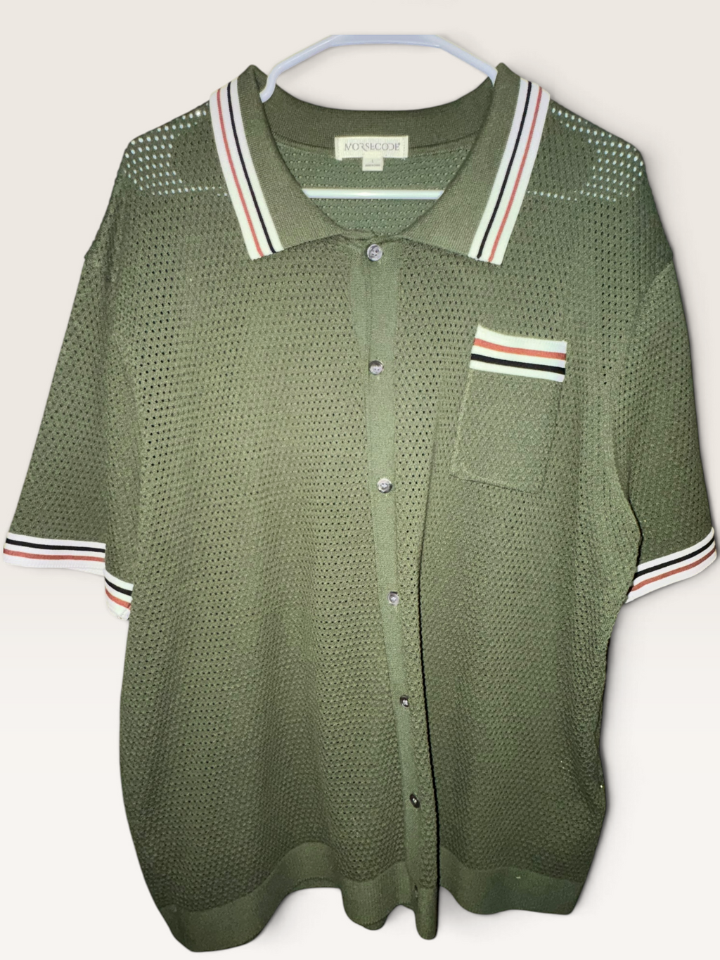 Morsecode Olive Open-Knit Button-Up Shirt