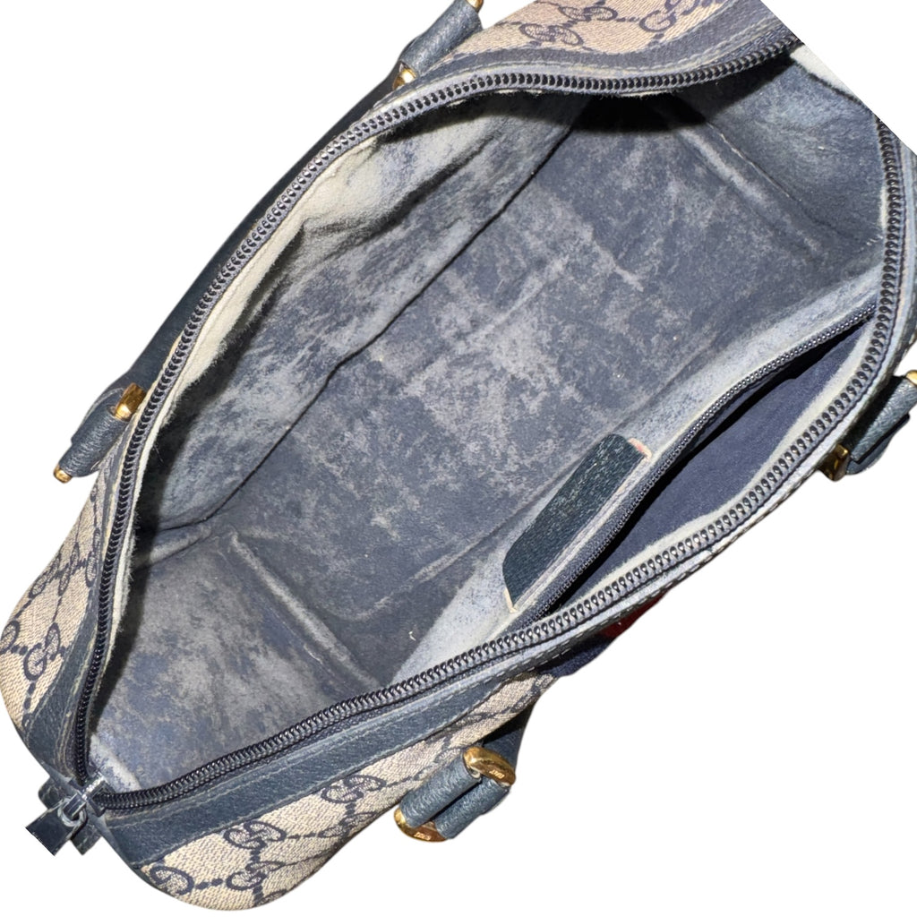 True Vintage 1970s Gucci GG Supreme Navy Blue Web Boston Bag Satchel w/ COA