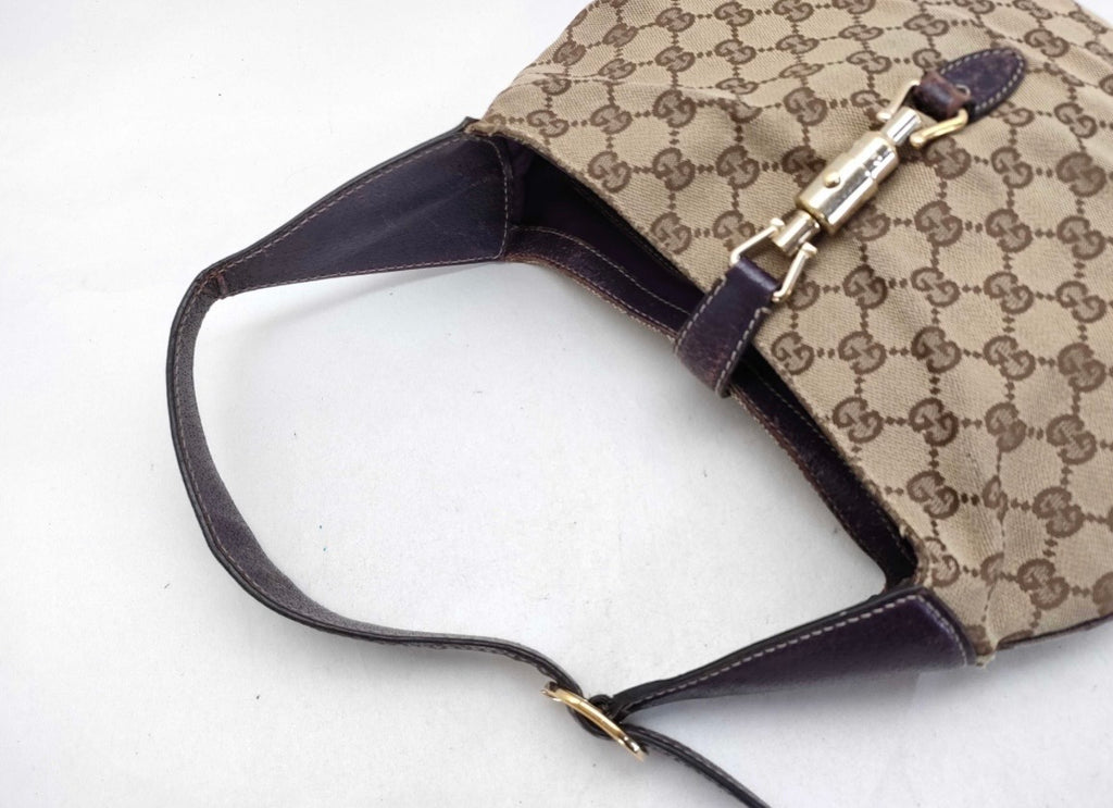 Authentic Gucci Jackie GG Canvas Shoulder Bag Brown Leather Trim + Entrupy COA