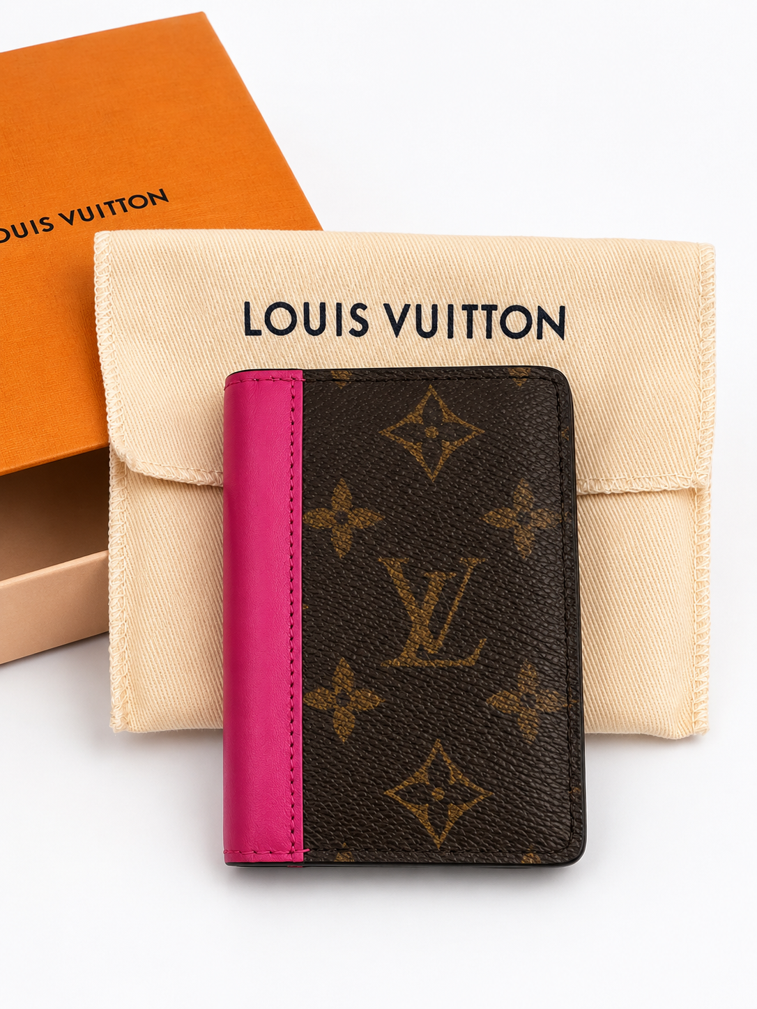 Louis Vuitton Monogram Card Holder Wallet – Hot Pink Leather Accent with Dust Bag & Box