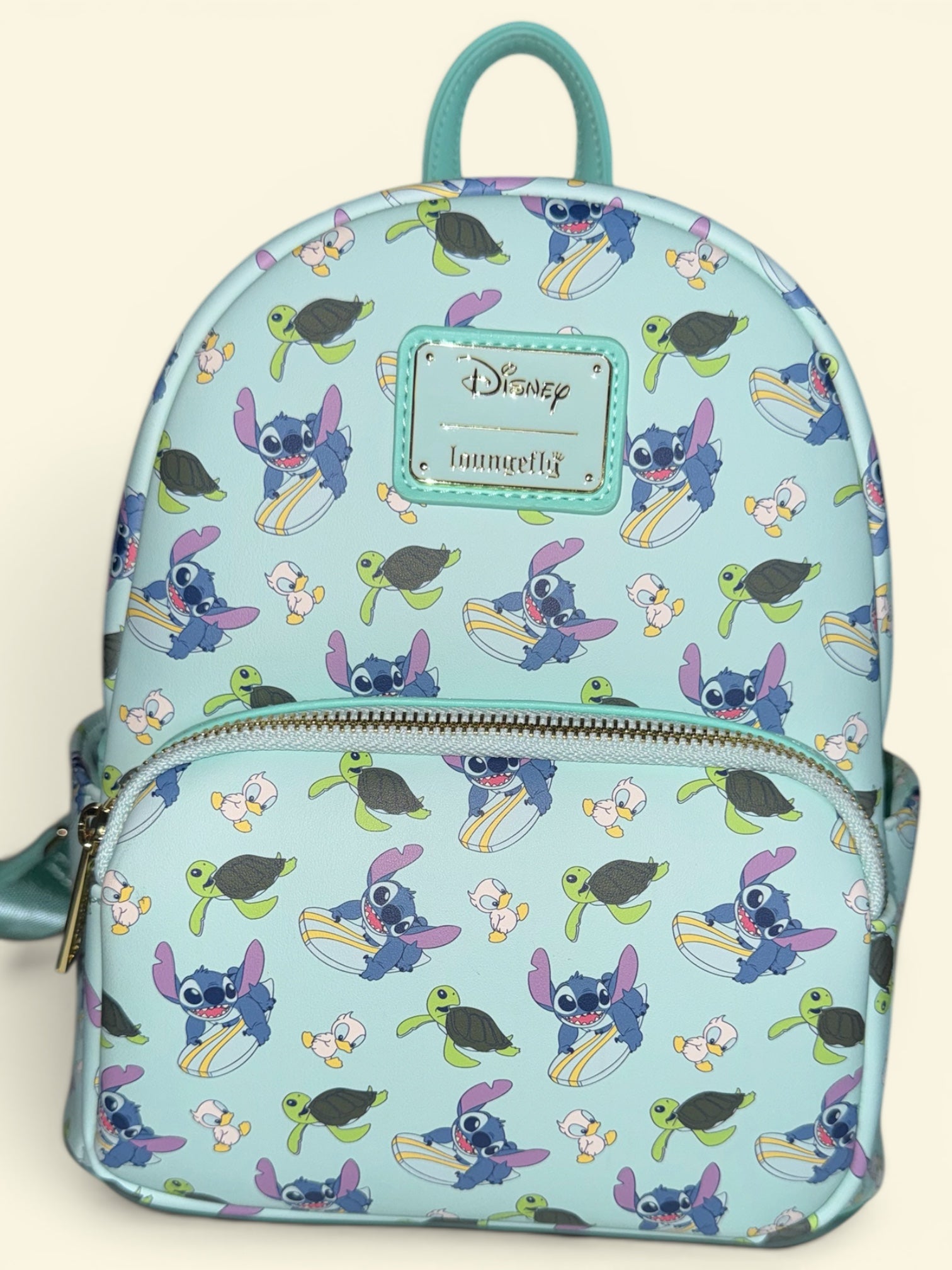 Loungefly Disney Lilo & Stitch Animal Friends Mini Backpack – Stitch Surfing with Ducklings & Sea Turtles