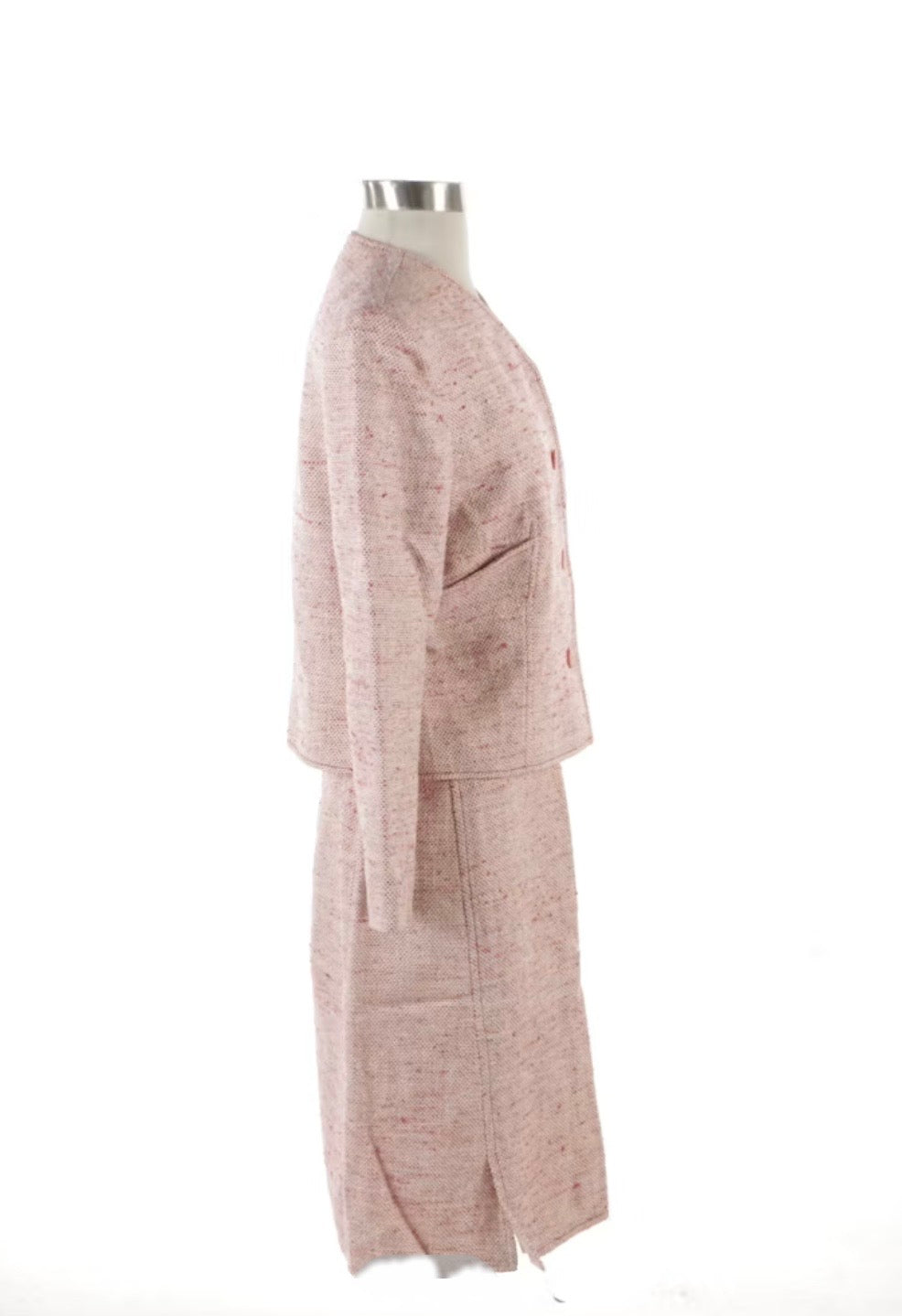 Vintage Valentino Boutique Pink Silk Noil Canvas Collarless Skirt Suit - Made in Italy