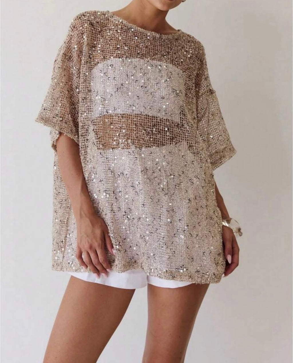 Women’s Sequin Sheer Short Sleeve Glitter Shirt