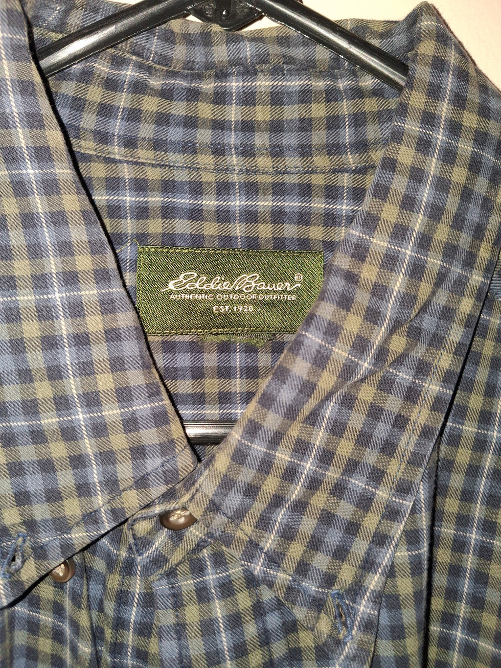 Eddie Bauer Navy & Olive Plaid Long-Sleeve Shirt