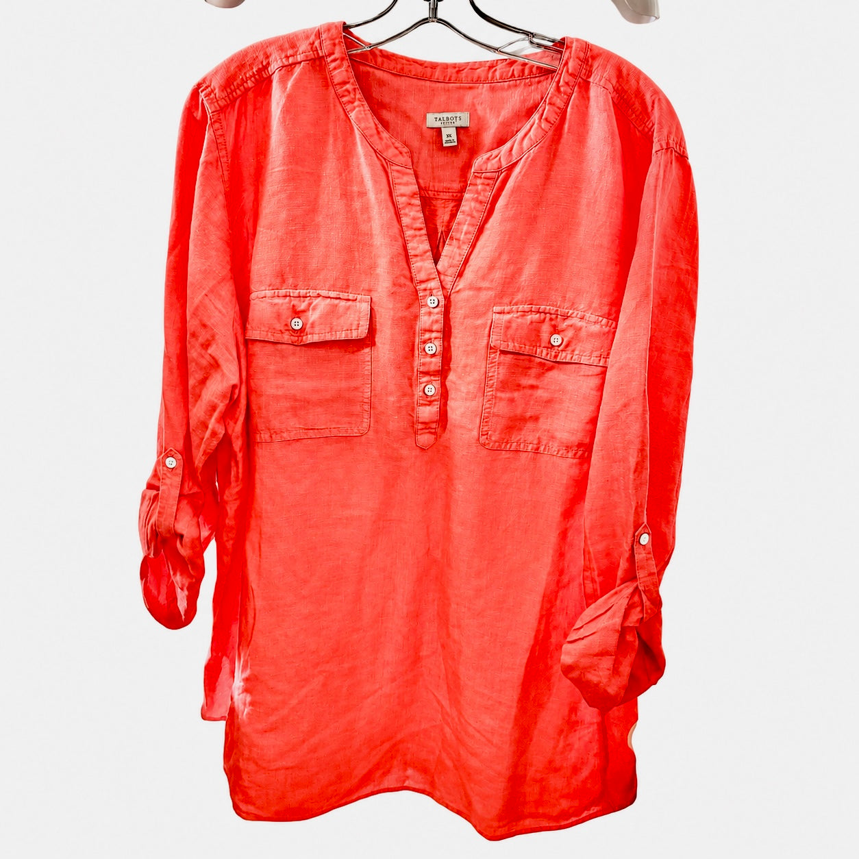 Talbots Coral Linen Blend Roll-Tab Tunic Top