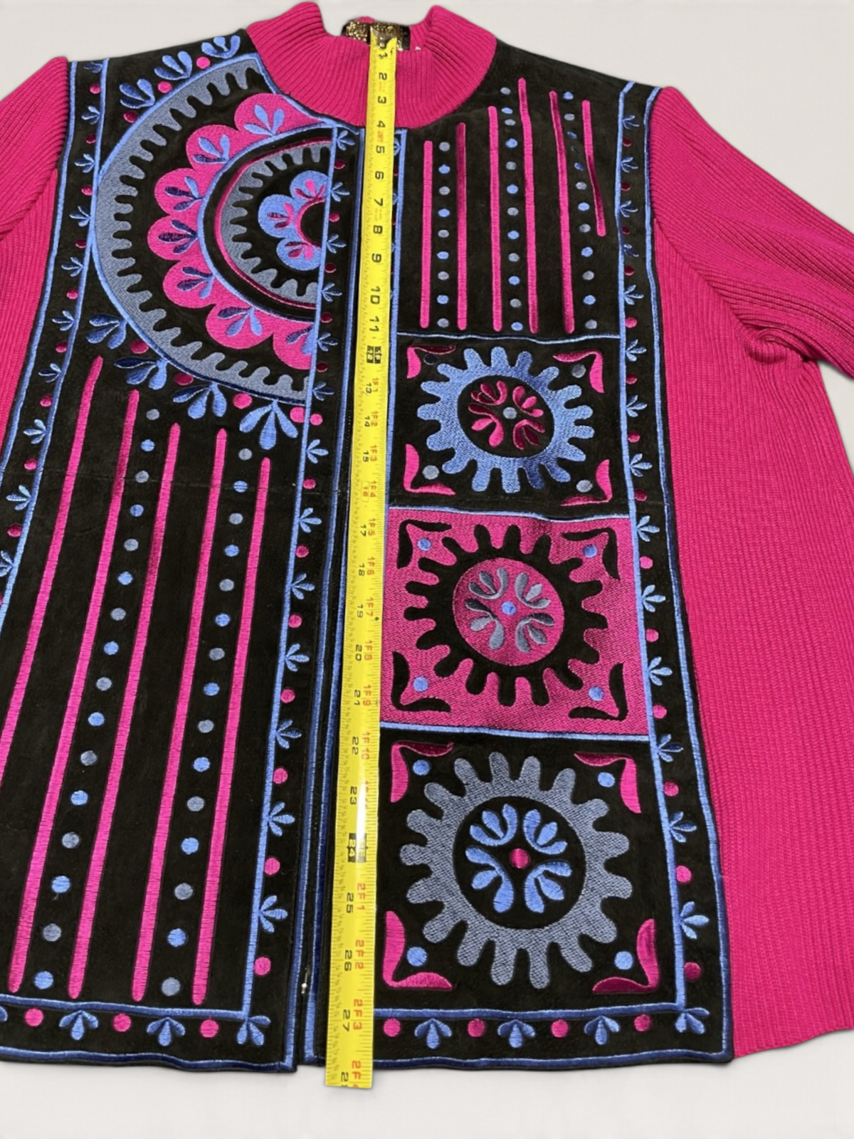 Vintage Bob Mackie Wearable Art Leather & Knit Embroidered Zip Jacket
