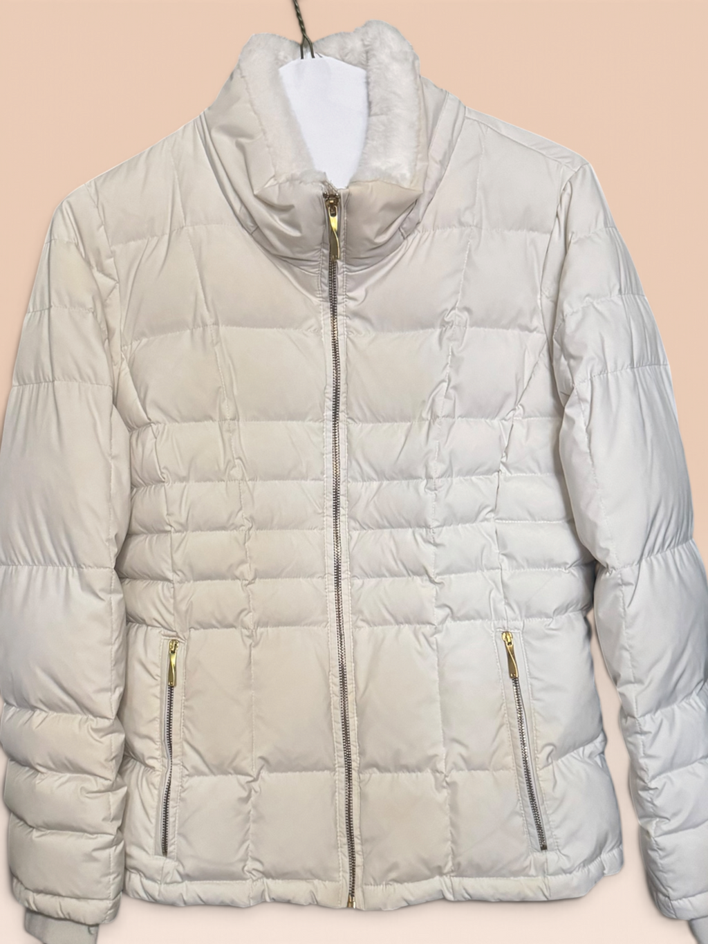 Donna Karan New York Ivory Puffer Jacket with Detachable Hood & Fur Trim