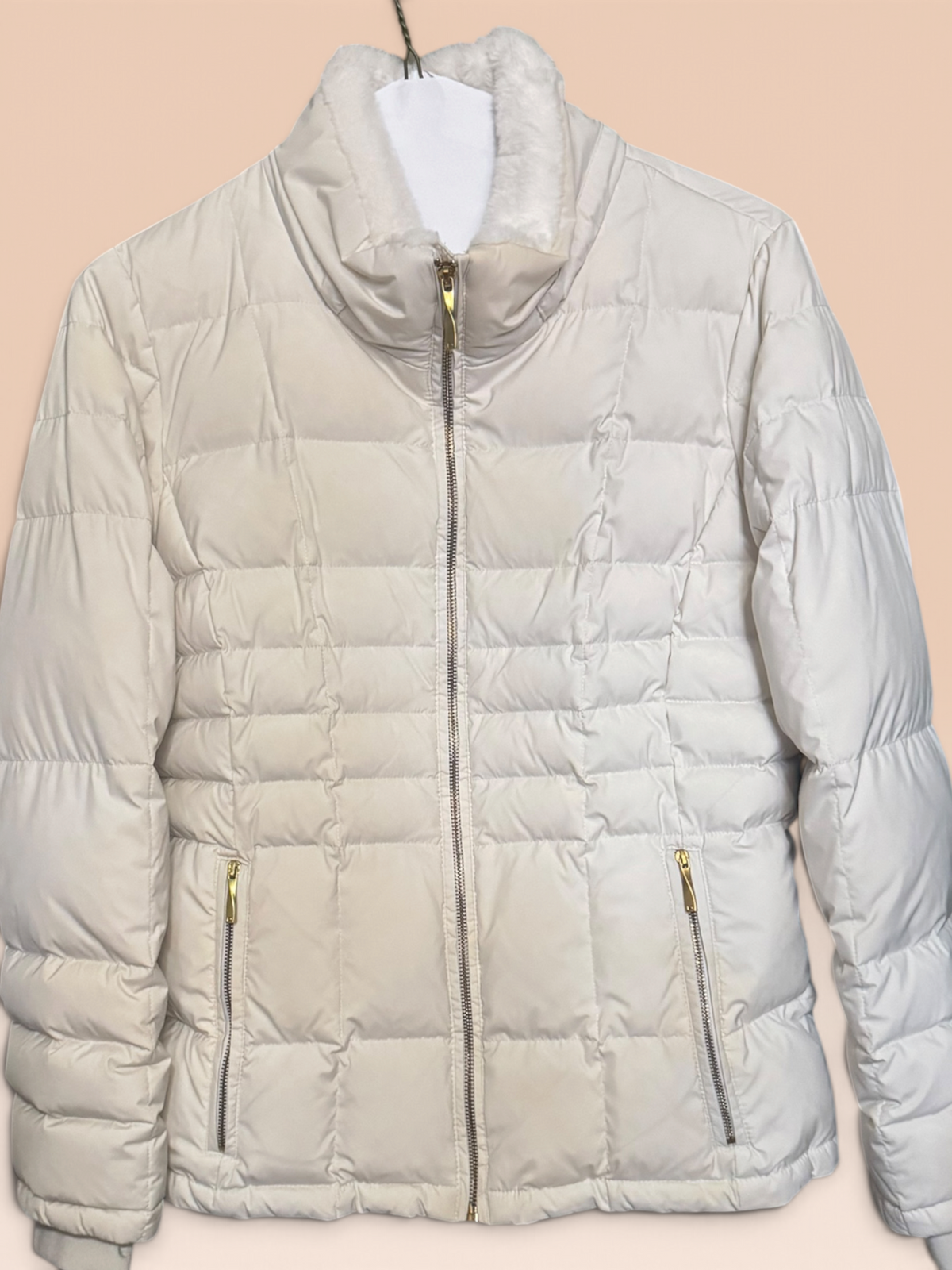 Donna Karan New York Ivory Puffer Jacket with Detachable Hood & Fur Trim