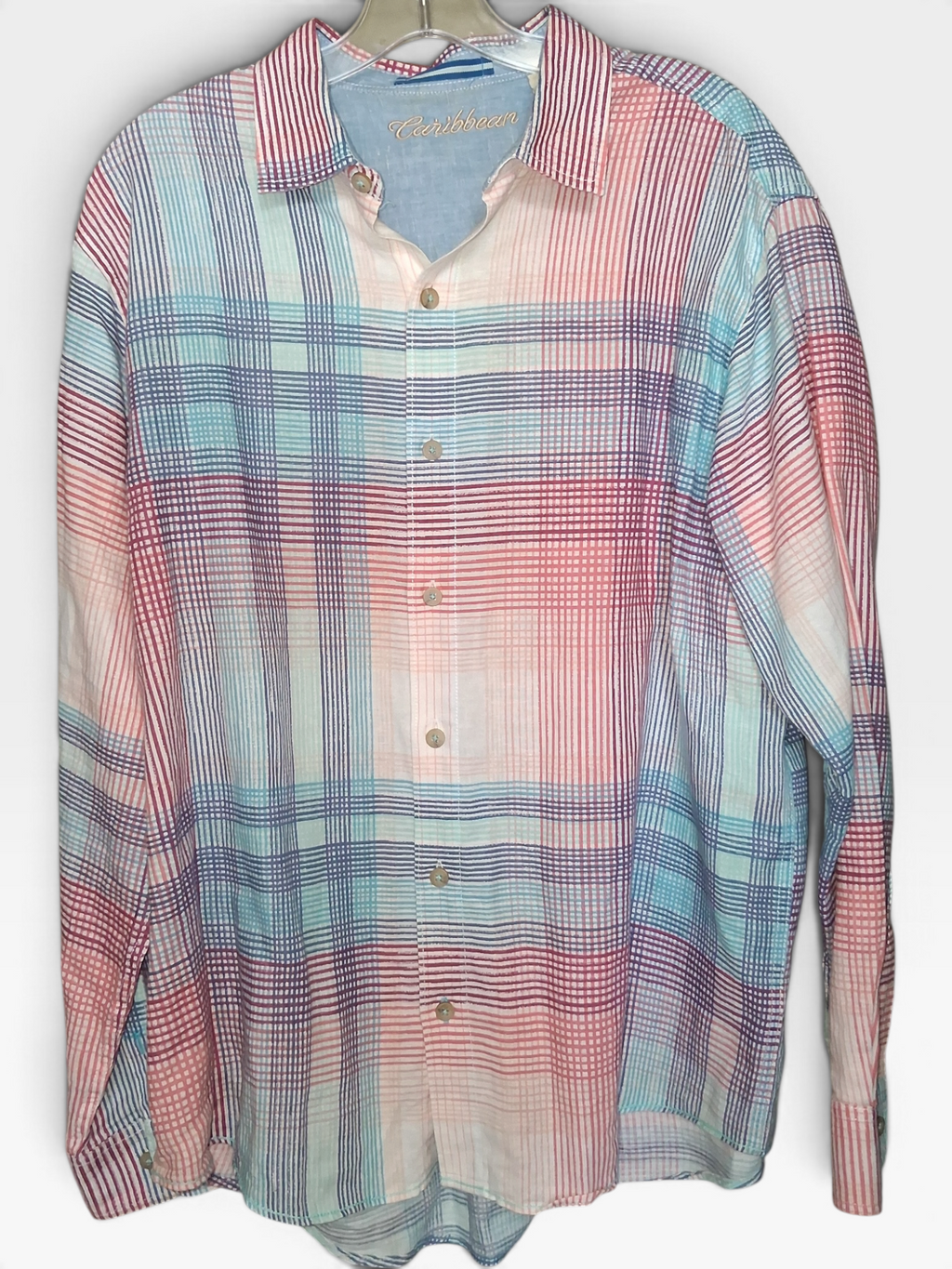 Caribbean Men's Pastel Multicolor Plaid Long Sleeve Button-Down Shirt