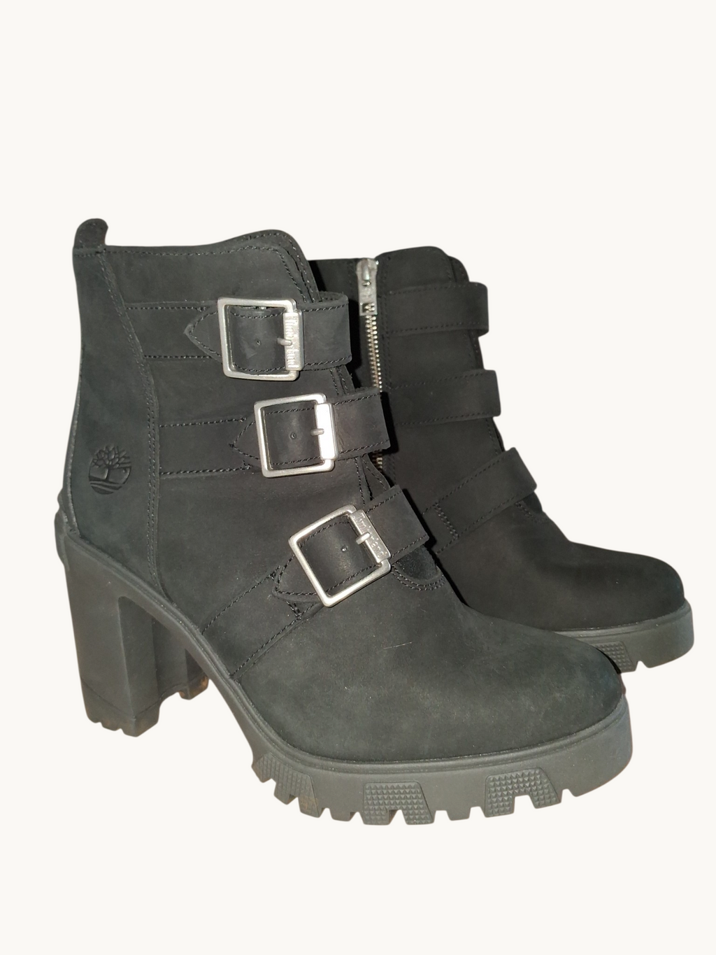 Timberland Black Triple-Buckle Chunky Heel Ankle Boots