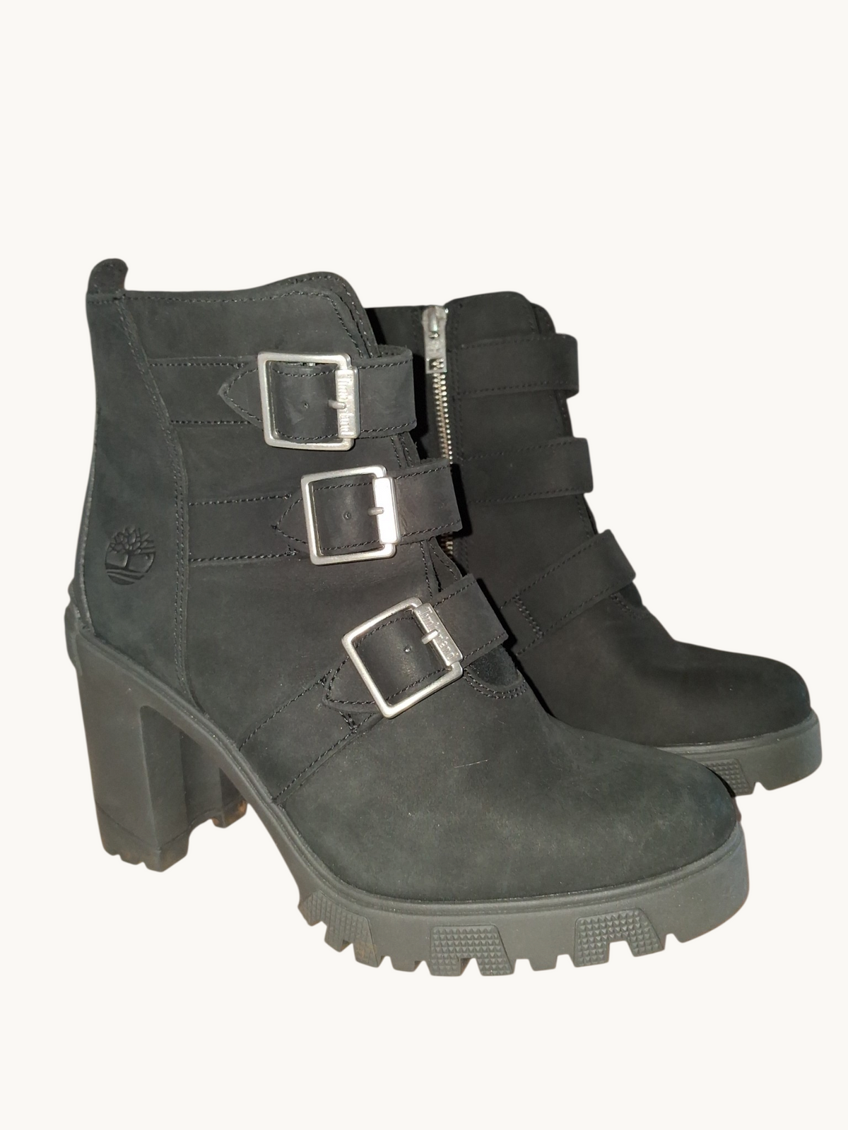 Timberland Black Triple-Buckle Chunky Heel Ankle Boots