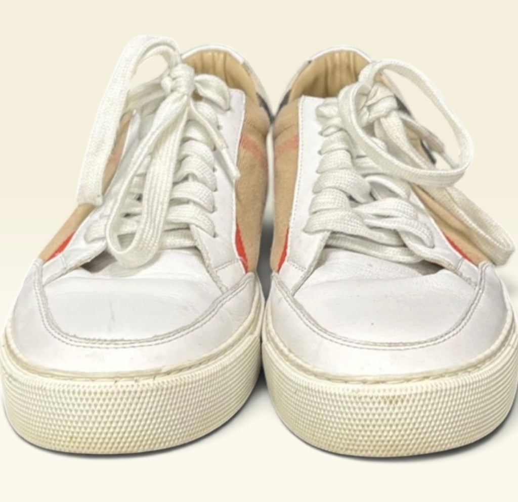 Burberry Vintage Check Low Top Sneakers Leather Canvas White Tan