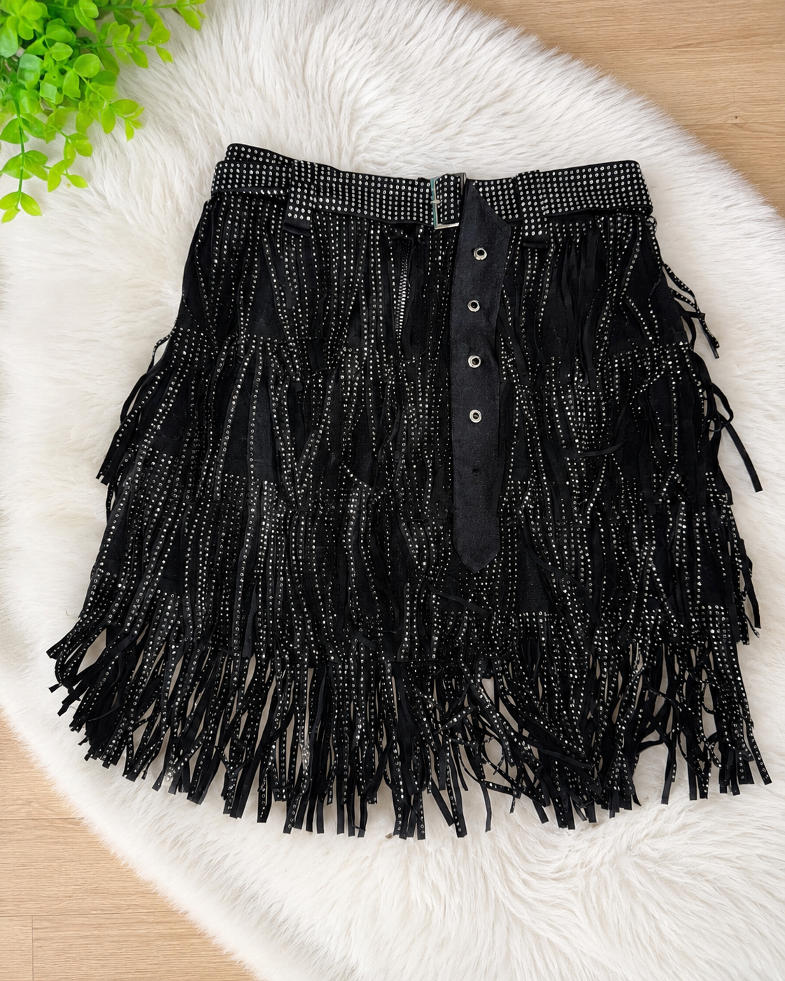 Black Silver Studded Belted Mini Skirt