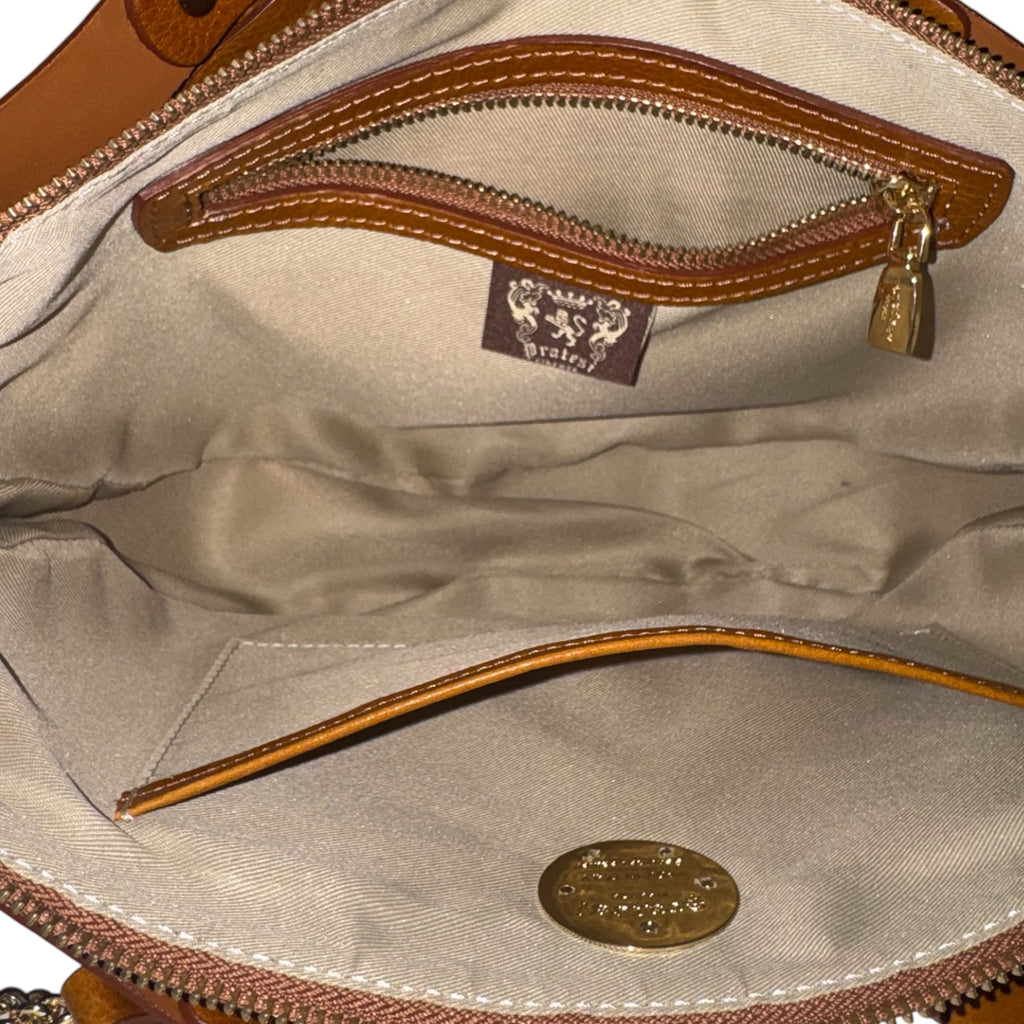 Pratesi Firenze Cognac Italian Leather Fan Flap Crossbody Satchel Bag Made in Italy