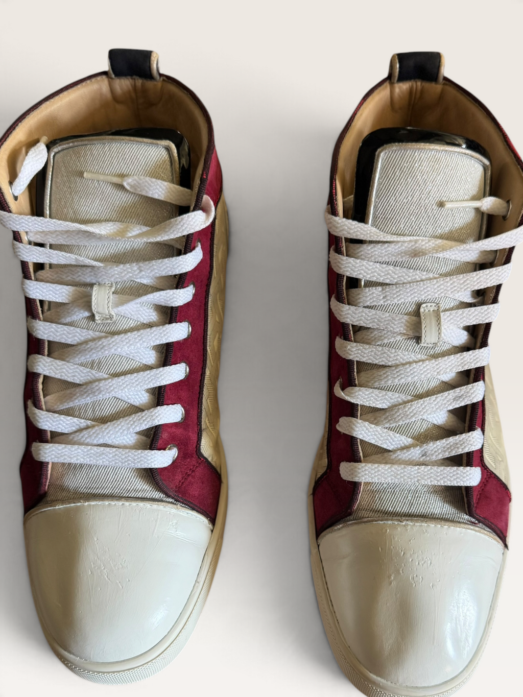 Christian Louboutin Louis Orlato Cream & Burgundy High-Top Sneakers