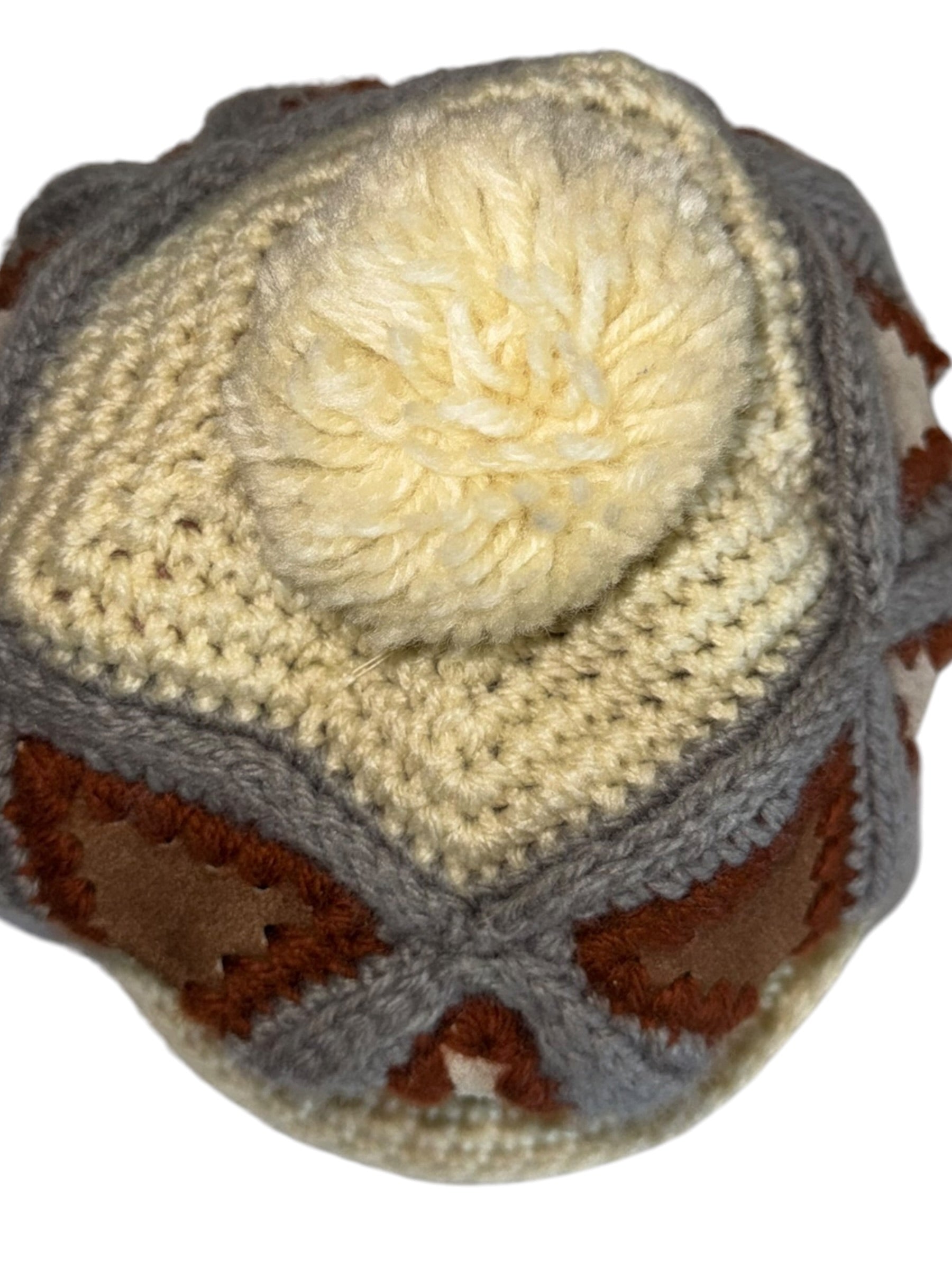 Cream Gray & Rust Crochet Pom-Pom Newsboy Hat