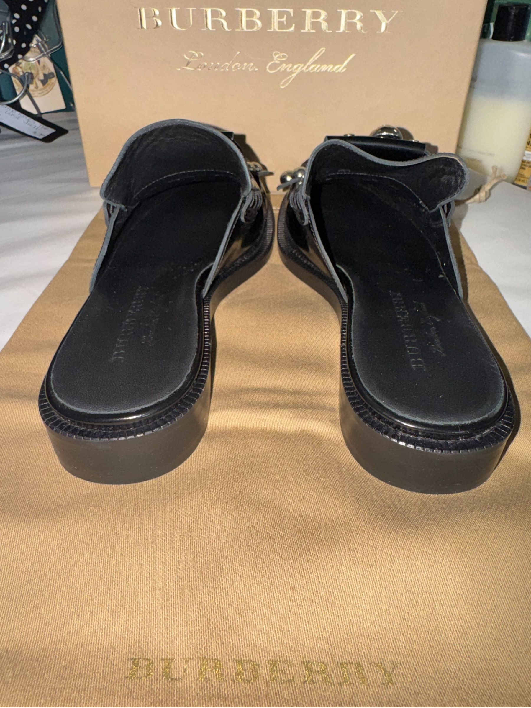 Burberry Becky Black Patent Leather Studded Loafer Mules