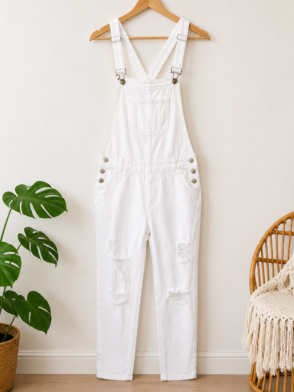 Magilla White Distressed Denim Overalls | Skinny Fit Overalls