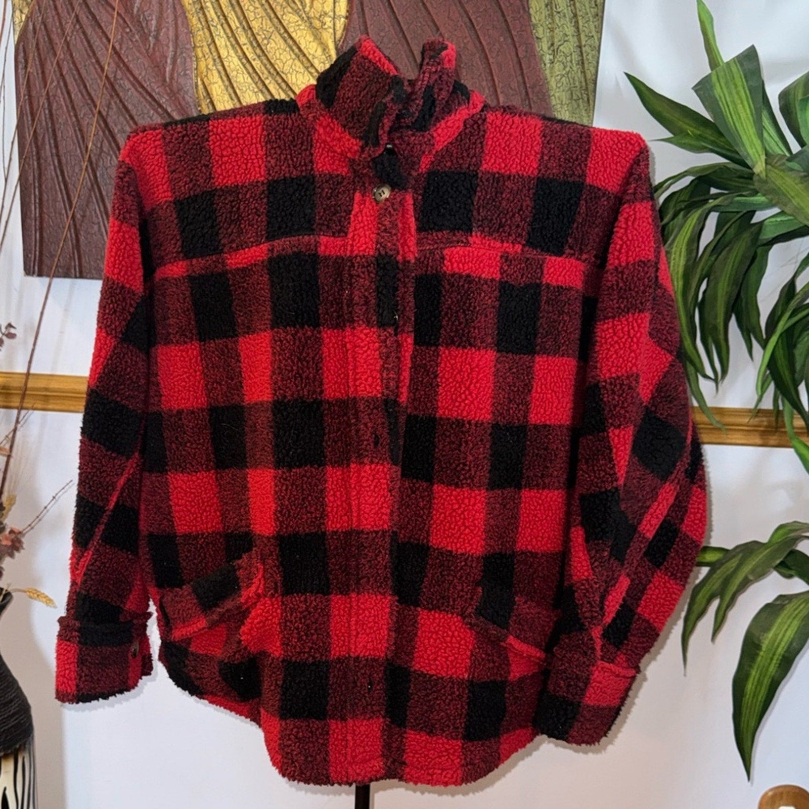 Easel Red & Black Buffalo Plaid Sherpa Coat
