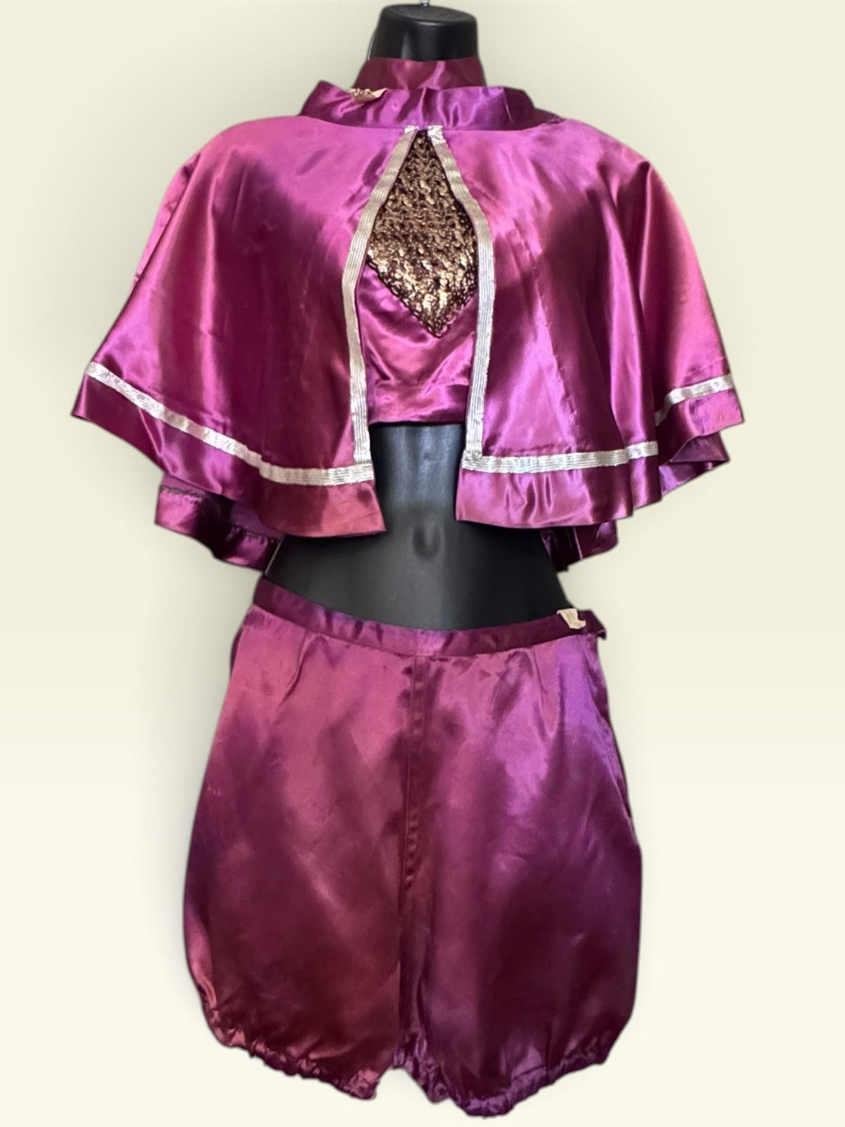 Vintage Magenta Satin Majorette / Baton Twirler Two-Piece Set with Gold Sequins