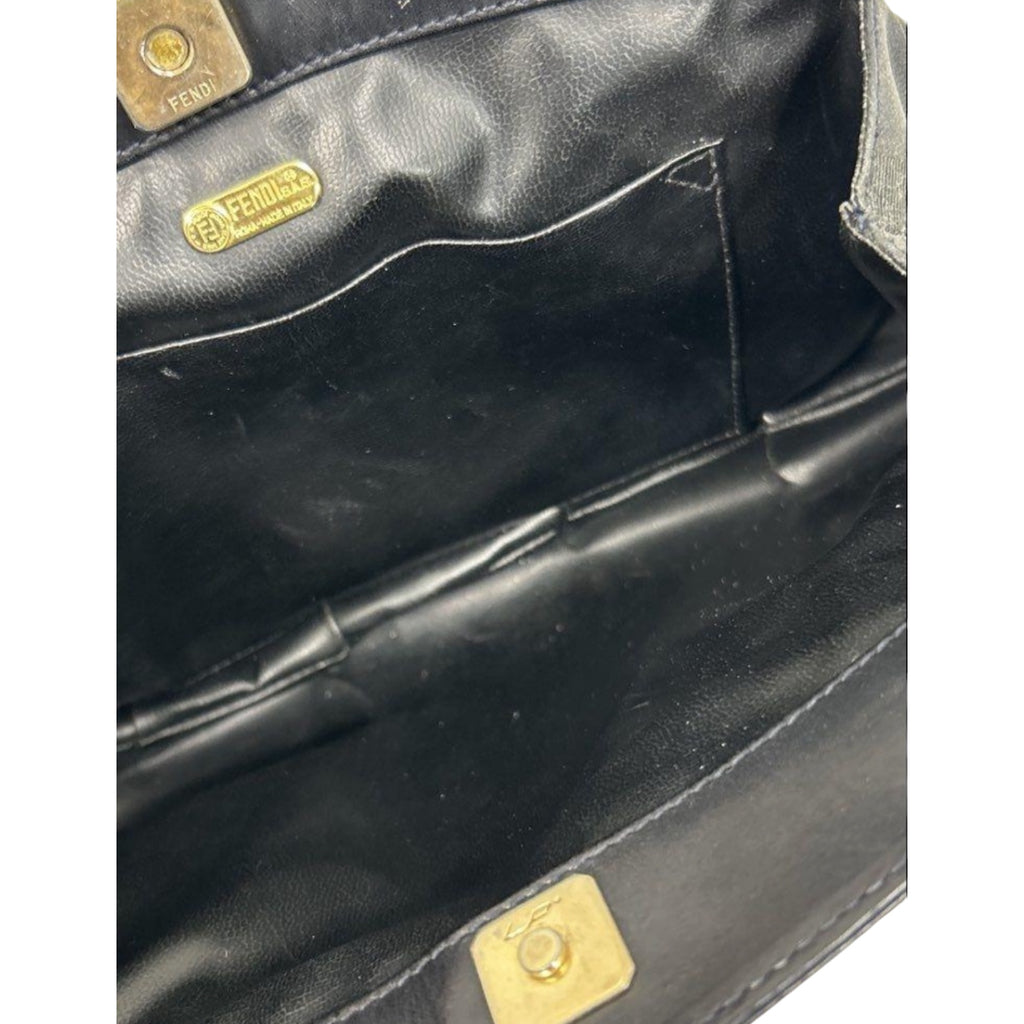 Vintage FENDI ROMA Black Faille Canvas & Leather Ruched Crossbody Pouch Bag