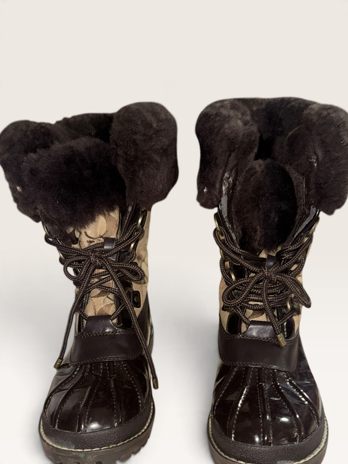 Coach Signature Fur-Trim Lace-Up Winter Boots