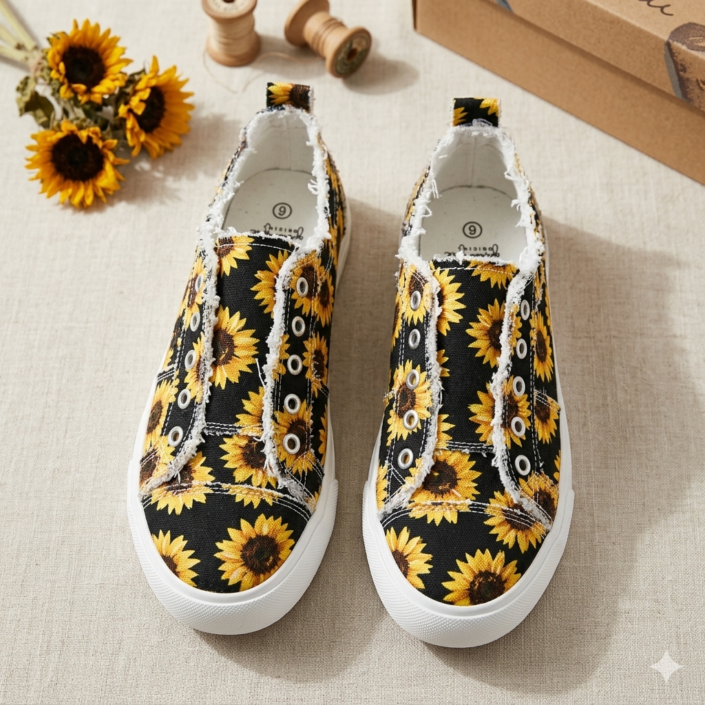 Girlie Girl Originals Sunflower Canvas Slip On Sneakers Distressed