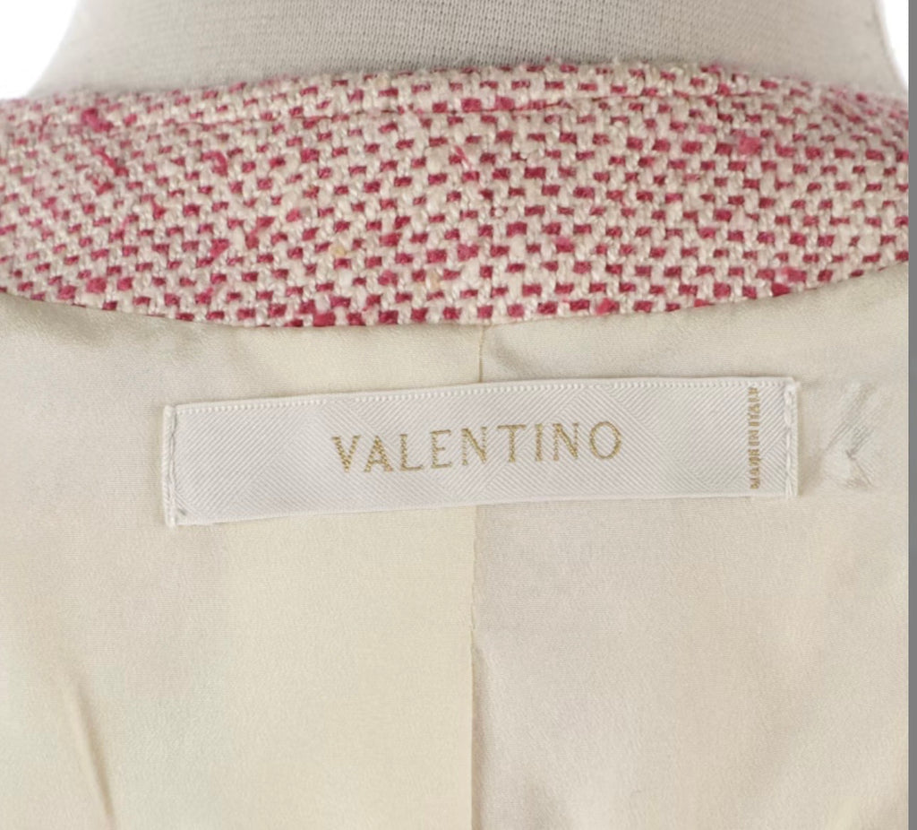 Vintage Valentino Boutique Pink Silk Noil Canvas Collarless Skirt Suit - Made in Italy