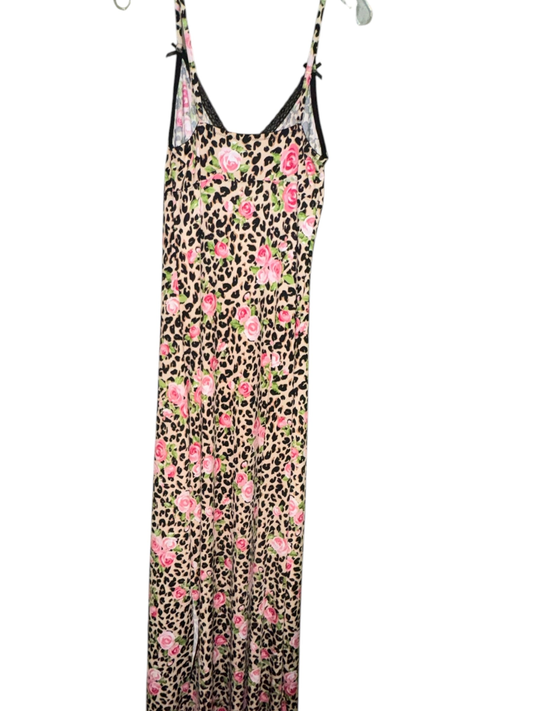 Leopard & Pink Rose Lace-Trim Maxi Nightgown