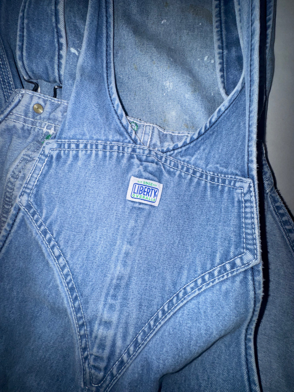 Vintage Liberty Distressed Denim Overalls - Patented Green Zipper Fly