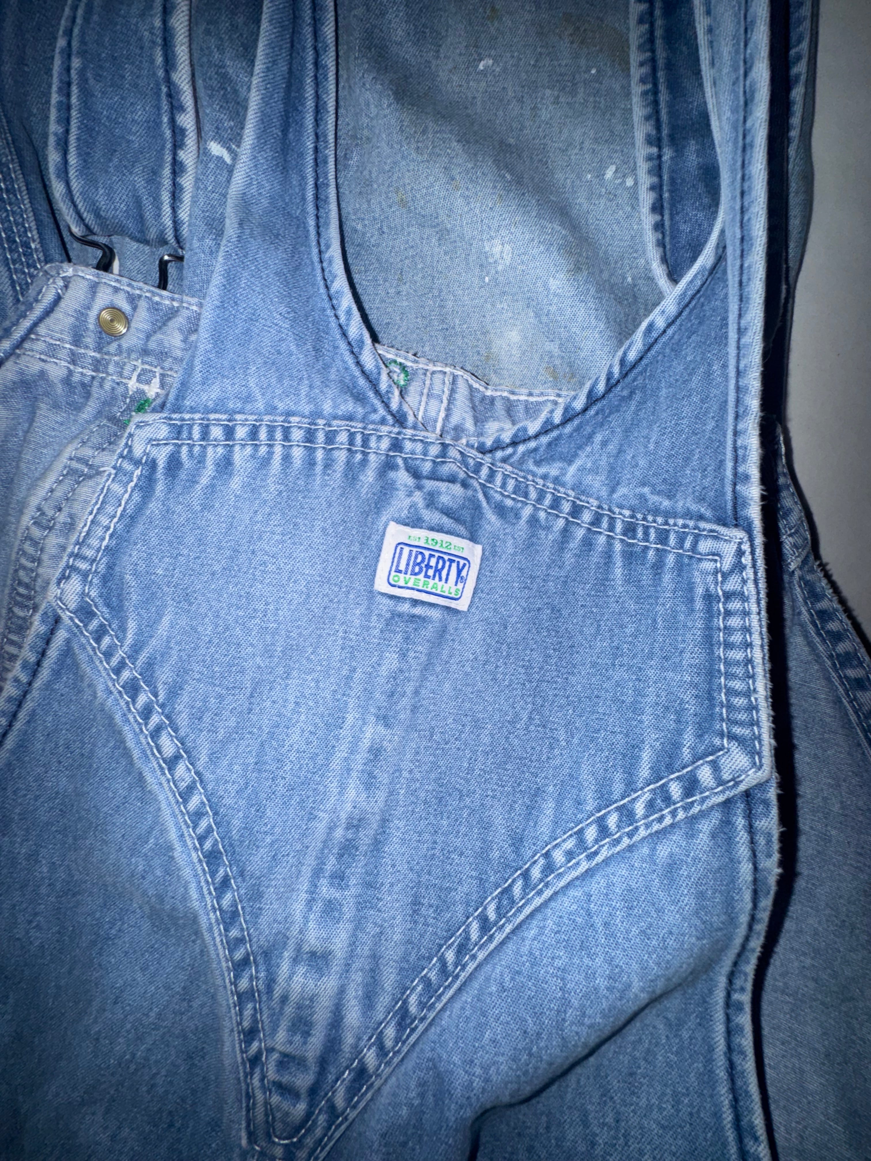 Vintage Liberty Distressed Denim Overalls - Patented Green Zipper Fly