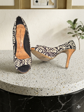 Christian Siriano Peep Toe Heels – Black & Cream Print • Cork Heel Designer Pumps