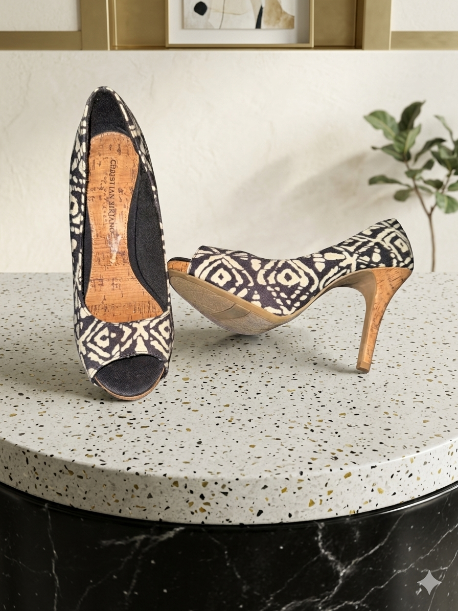 Christian Siriano Peep Toe Heels – Black & Cream Print • Cork Heel Designer Pumps