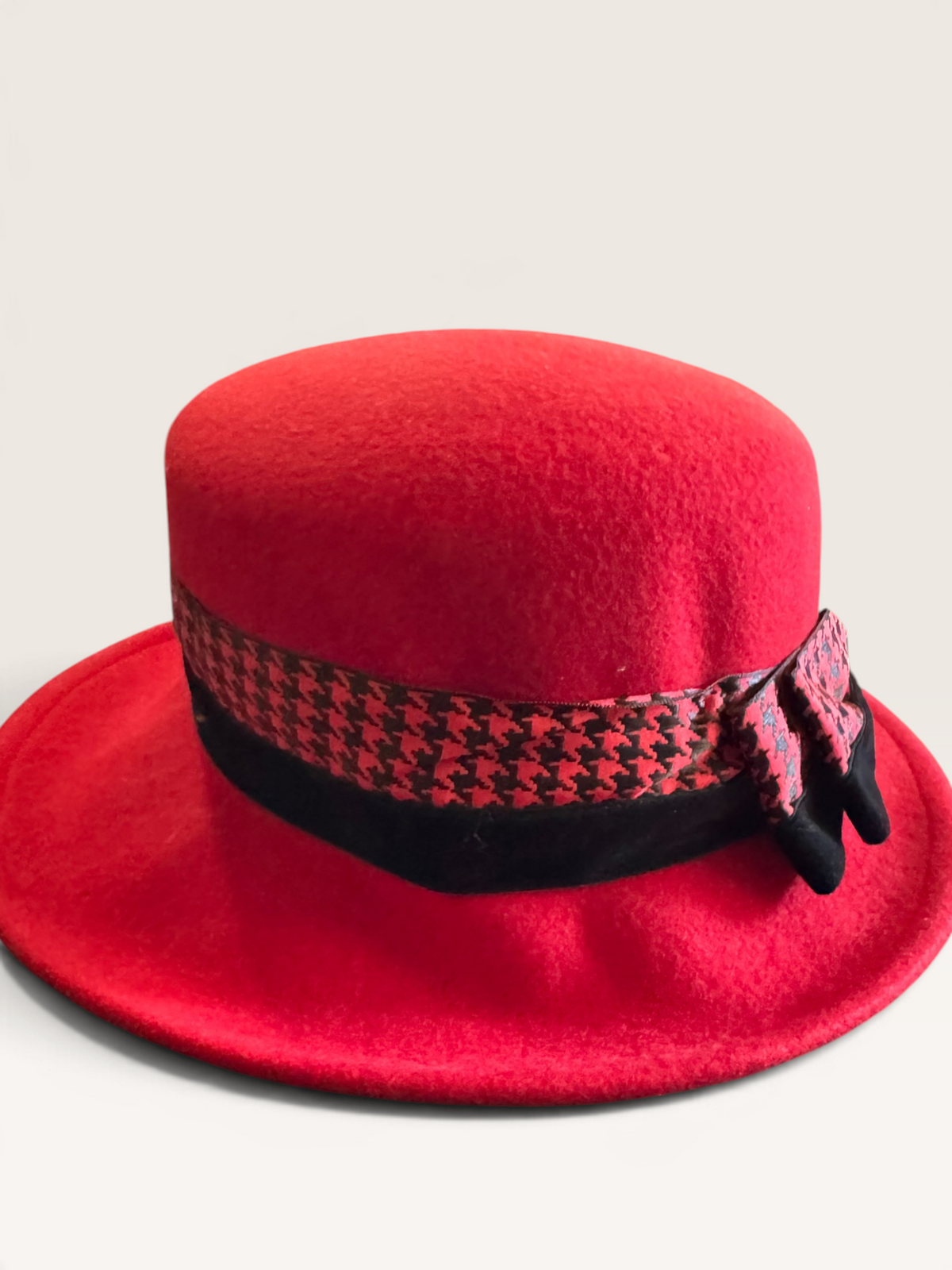 Red Felt Dress Hat with Houndstooth Bow