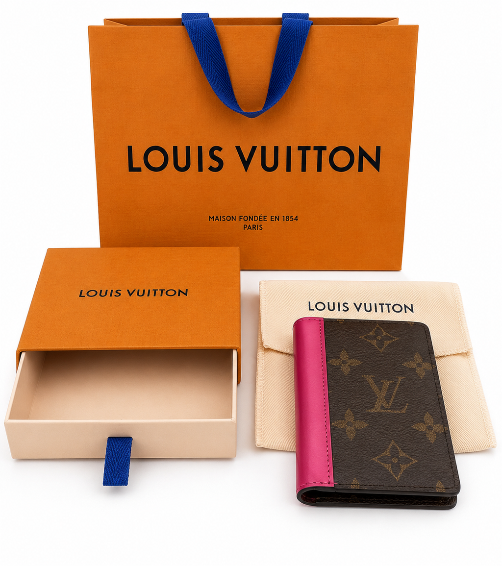 Louis Vuitton Monogram Card Holder Wallet – Hot Pink Leather Accent with Dust Bag & Box