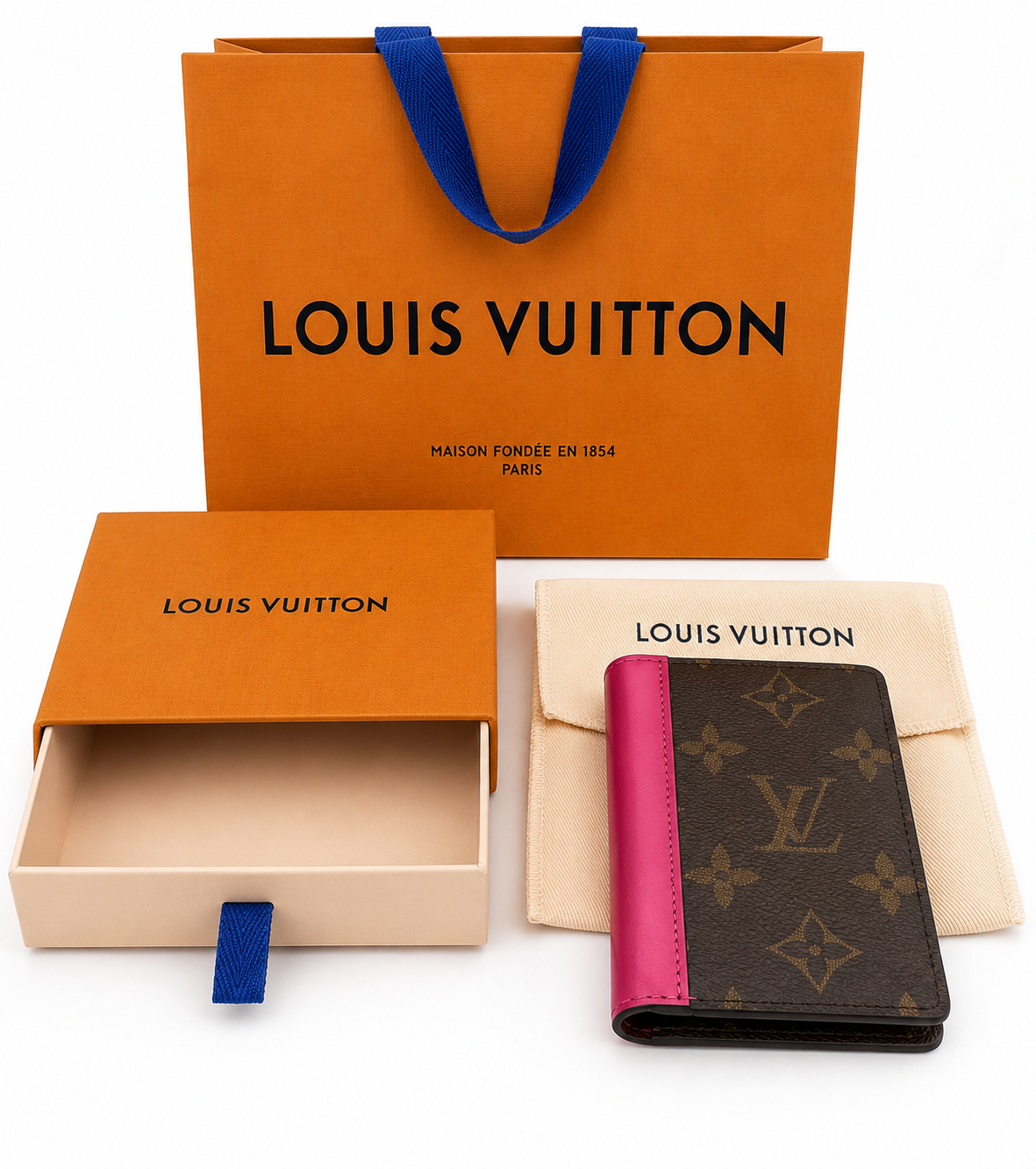 Louis Vuitton Monogram Card Holder Wallet – Hot Pink Leather Accent with Dust Bag & Box