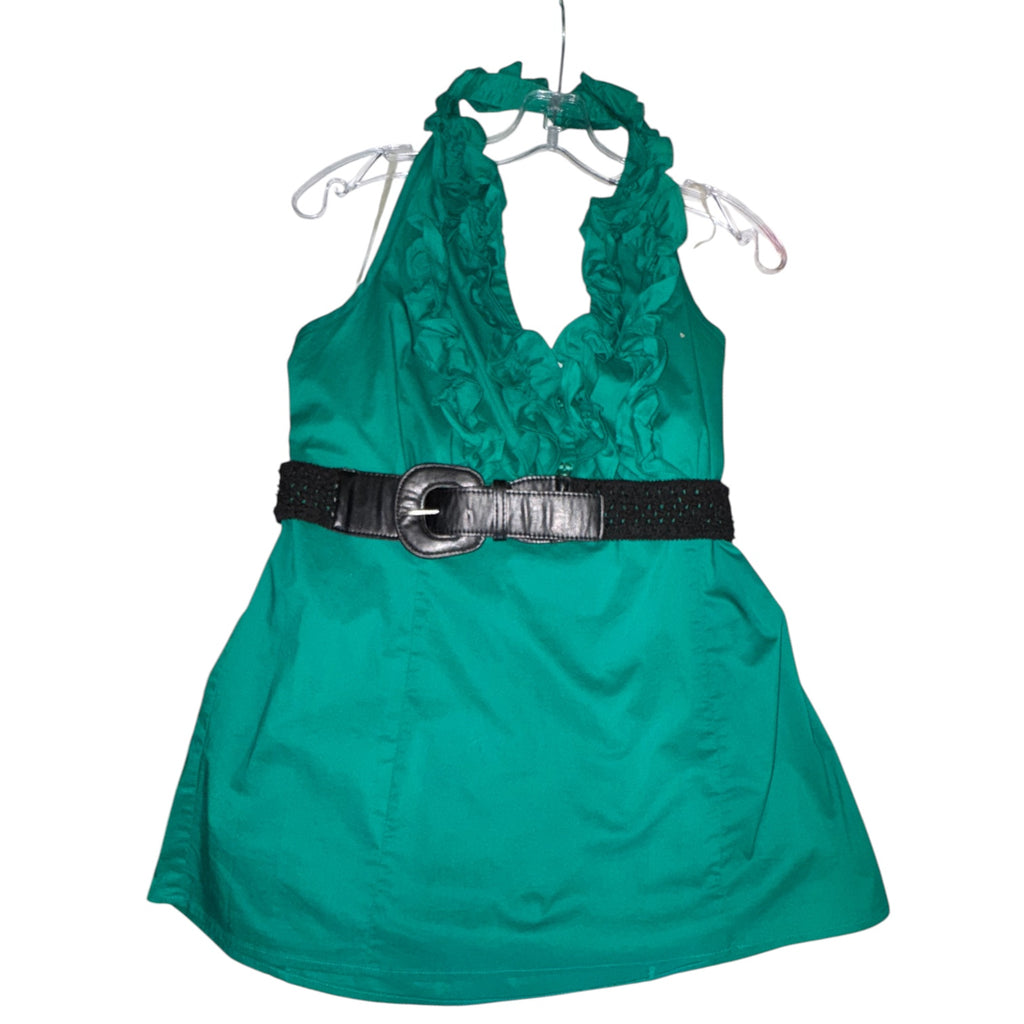 Vintage Y2K Emerald Green Ruffle Halter Mini Dress / Tunic with Wide Belt