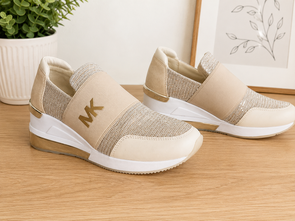 Michael Kors "Bodie" Cream & Gold Glitter Knit Slip-On Sneakers