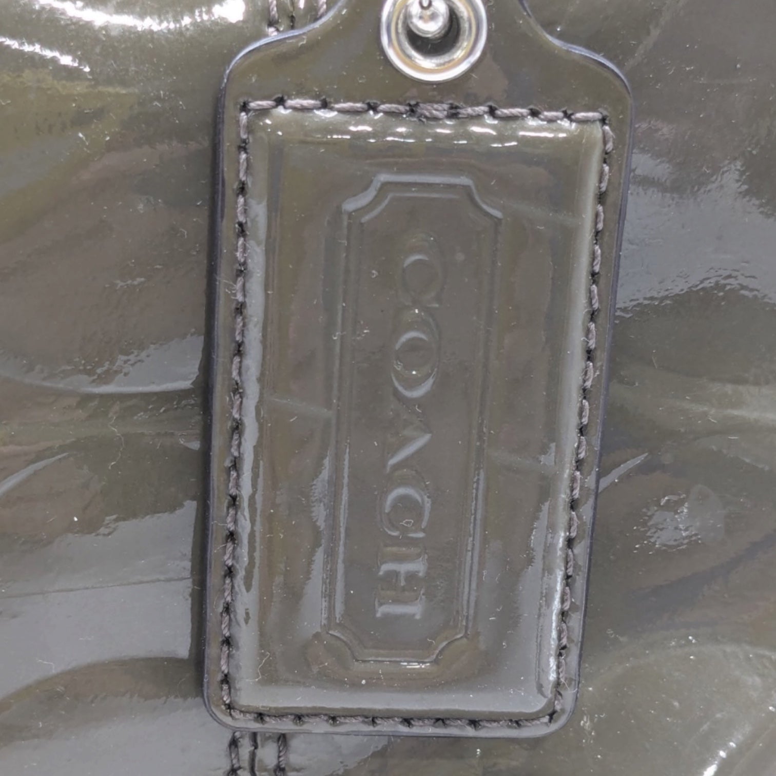 Authentic Coach Olive Green Signature Embossed Patent Leather East/West Tote Bag