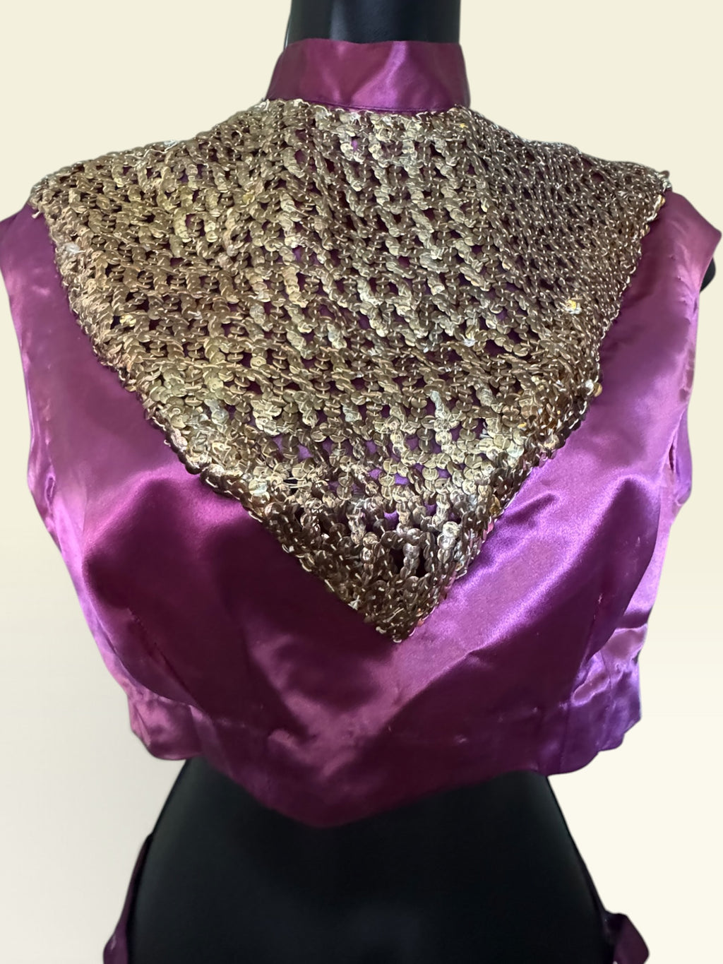Vintage Magenta Satin Majorette / Baton Twirler Two-Piece Set with Gold Sequins