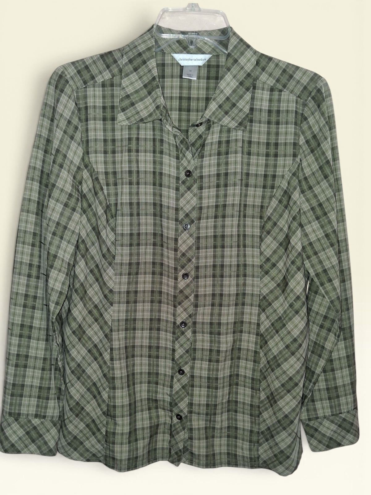 Christopher & Banks Olive Plaid Button-Up Blouse