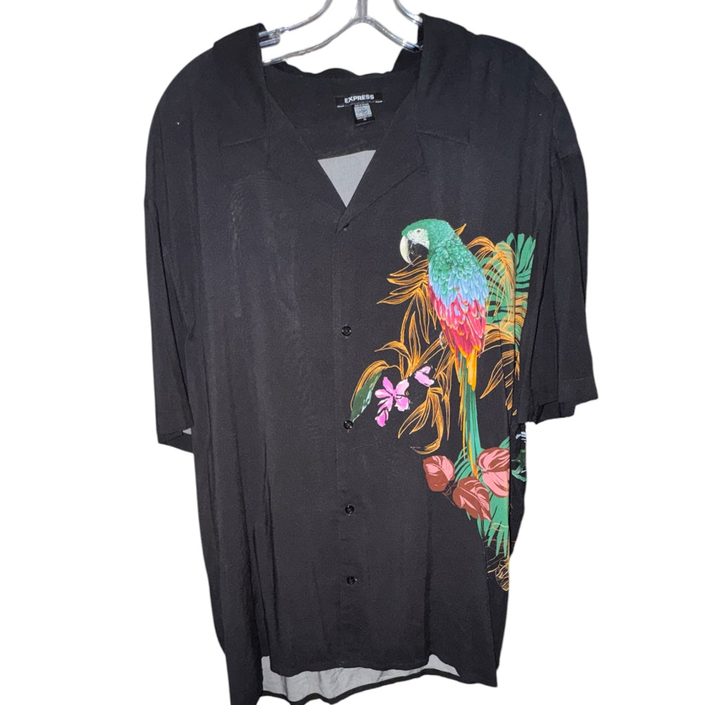 Express Men’s Black Tropical Parrot Short Sleeve Button-Up Shirt