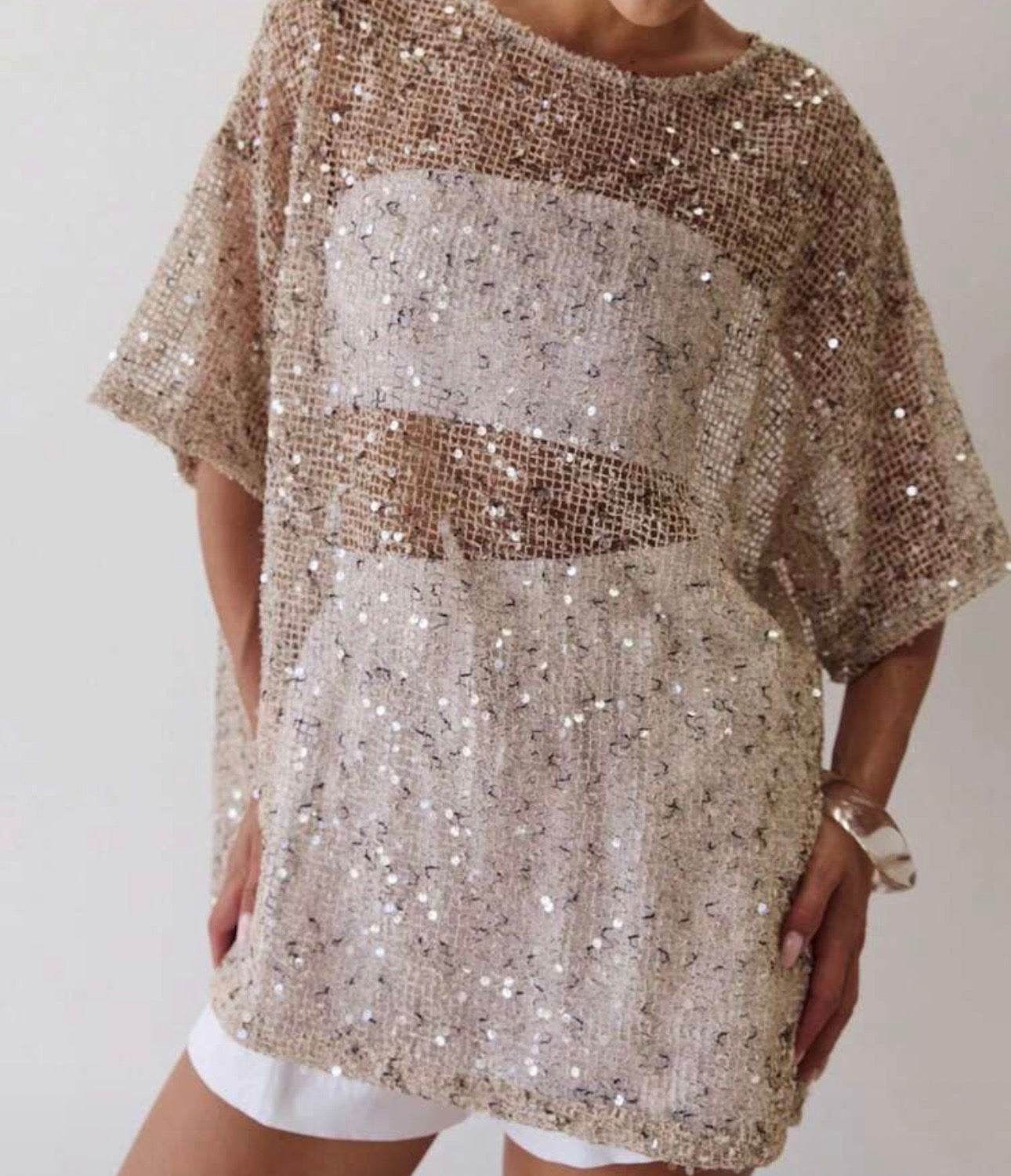Women’s Sequin Sheer Short Sleeve Glitter Shirt