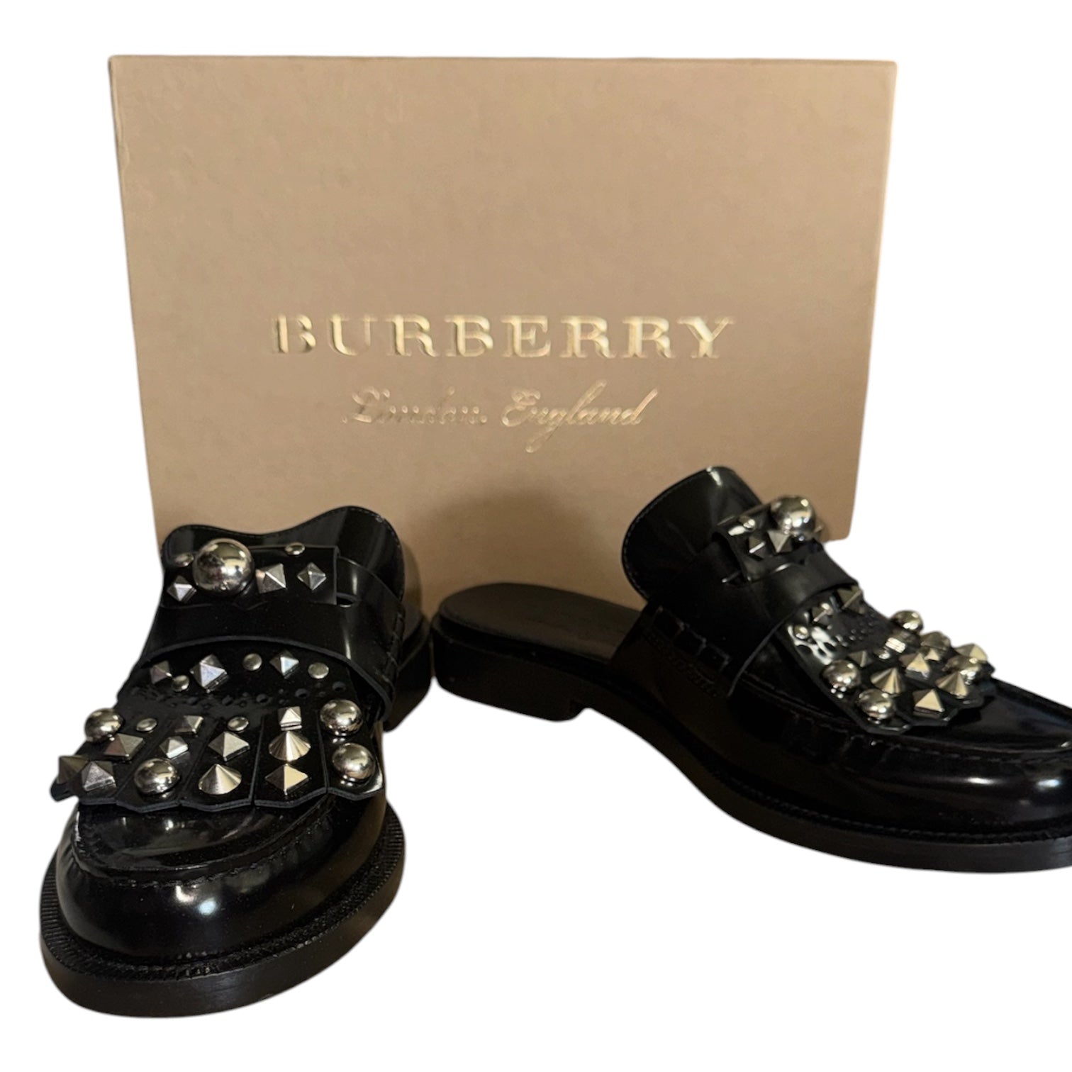 Burberry Becky Black Patent Leather Studded Loafer Mules